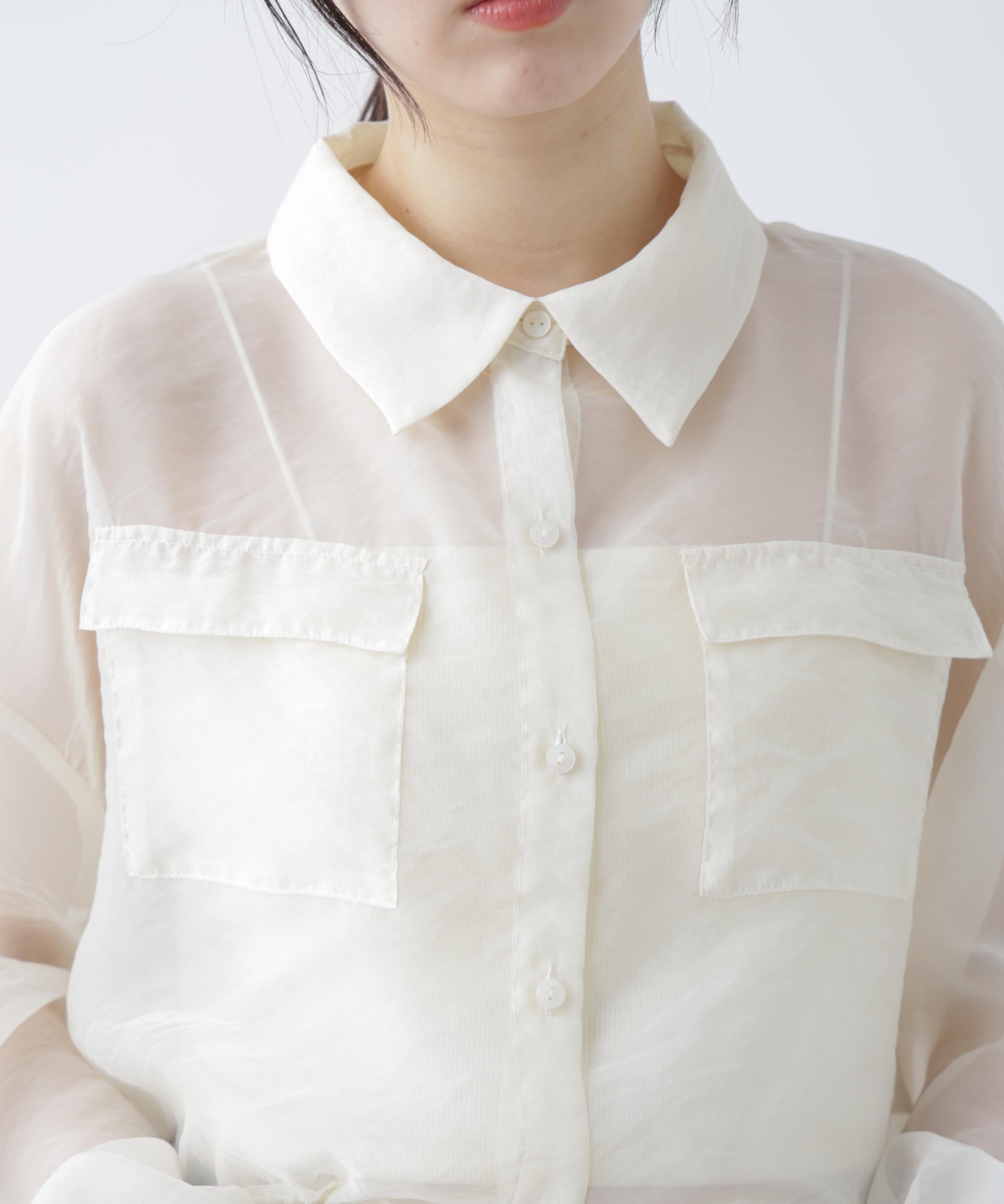 裾ドロストショート丈シアーシャツ ホワイト