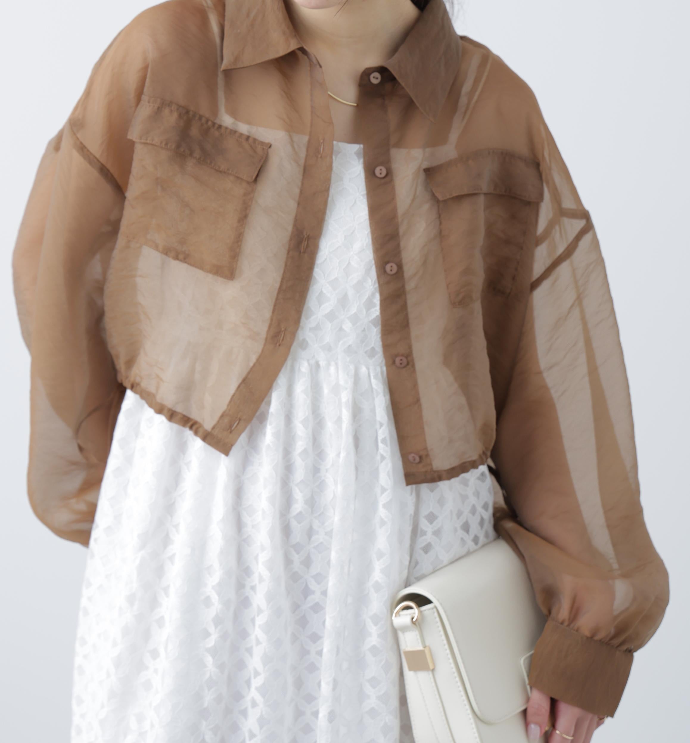 裾ドロストショート丈シアーシャツ ブラウン