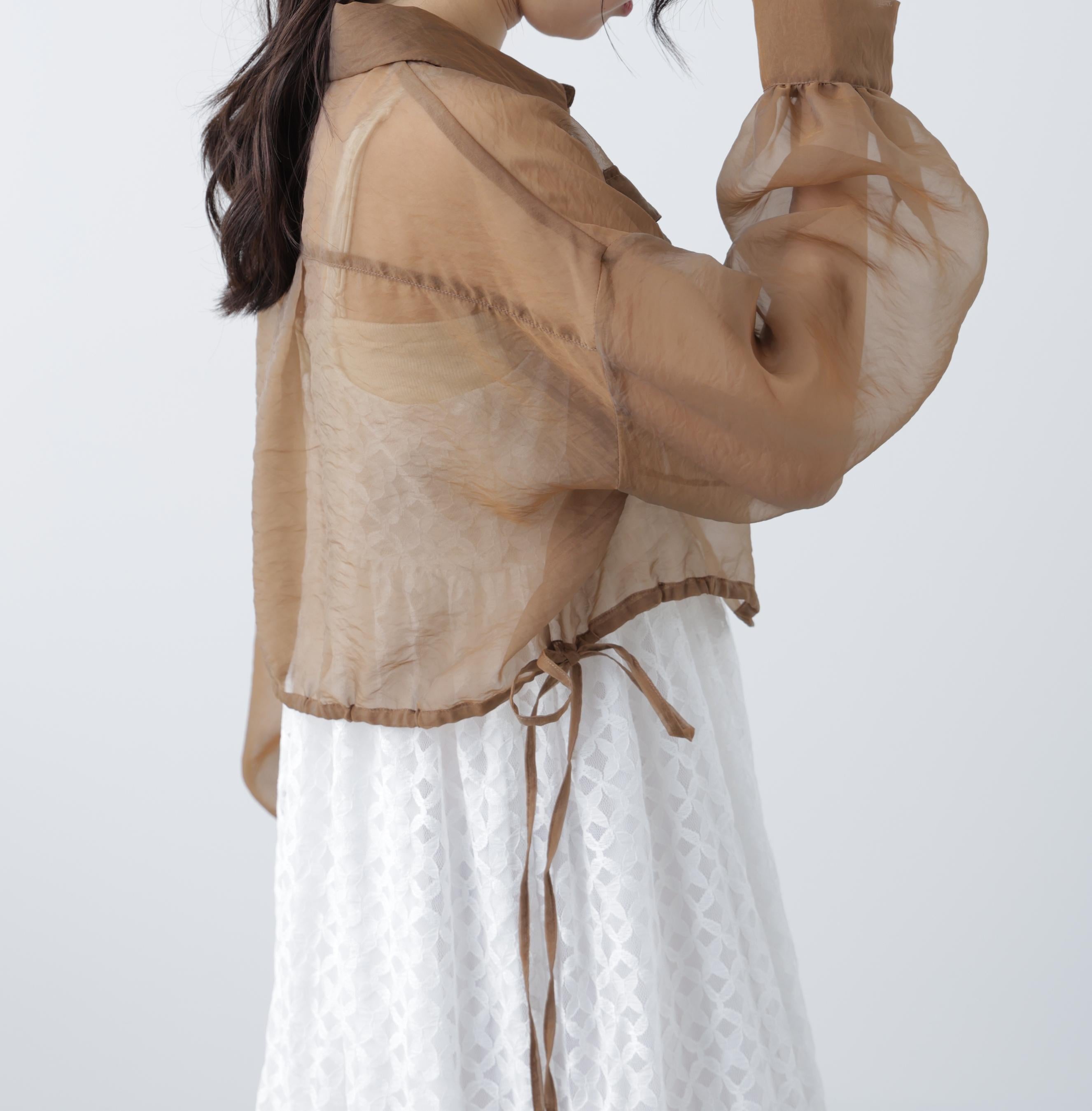 裾ドロストショート丈シアーシャツ ブラウン