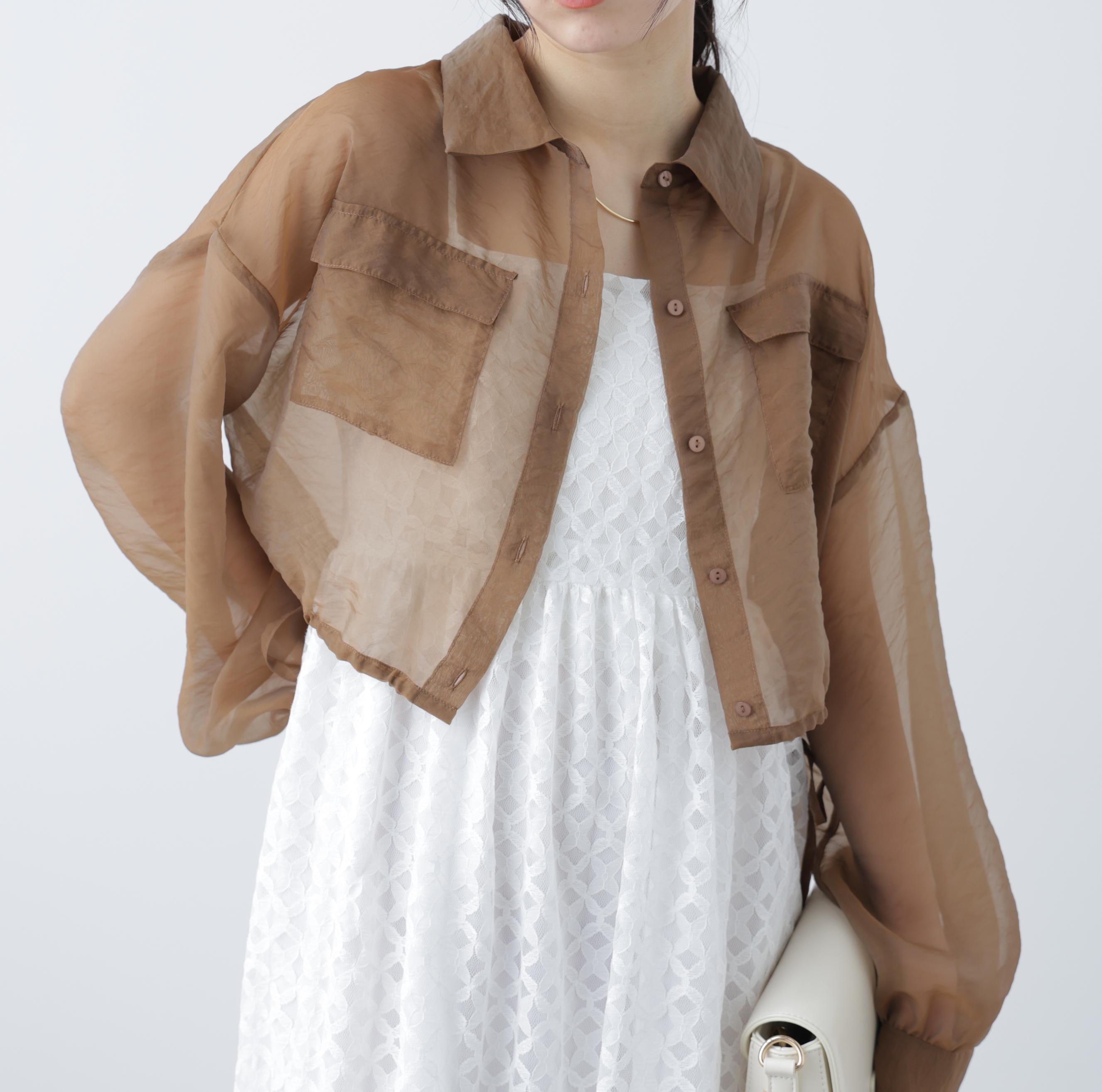 裾ドロストショート丈シアーシャツ ブラウン