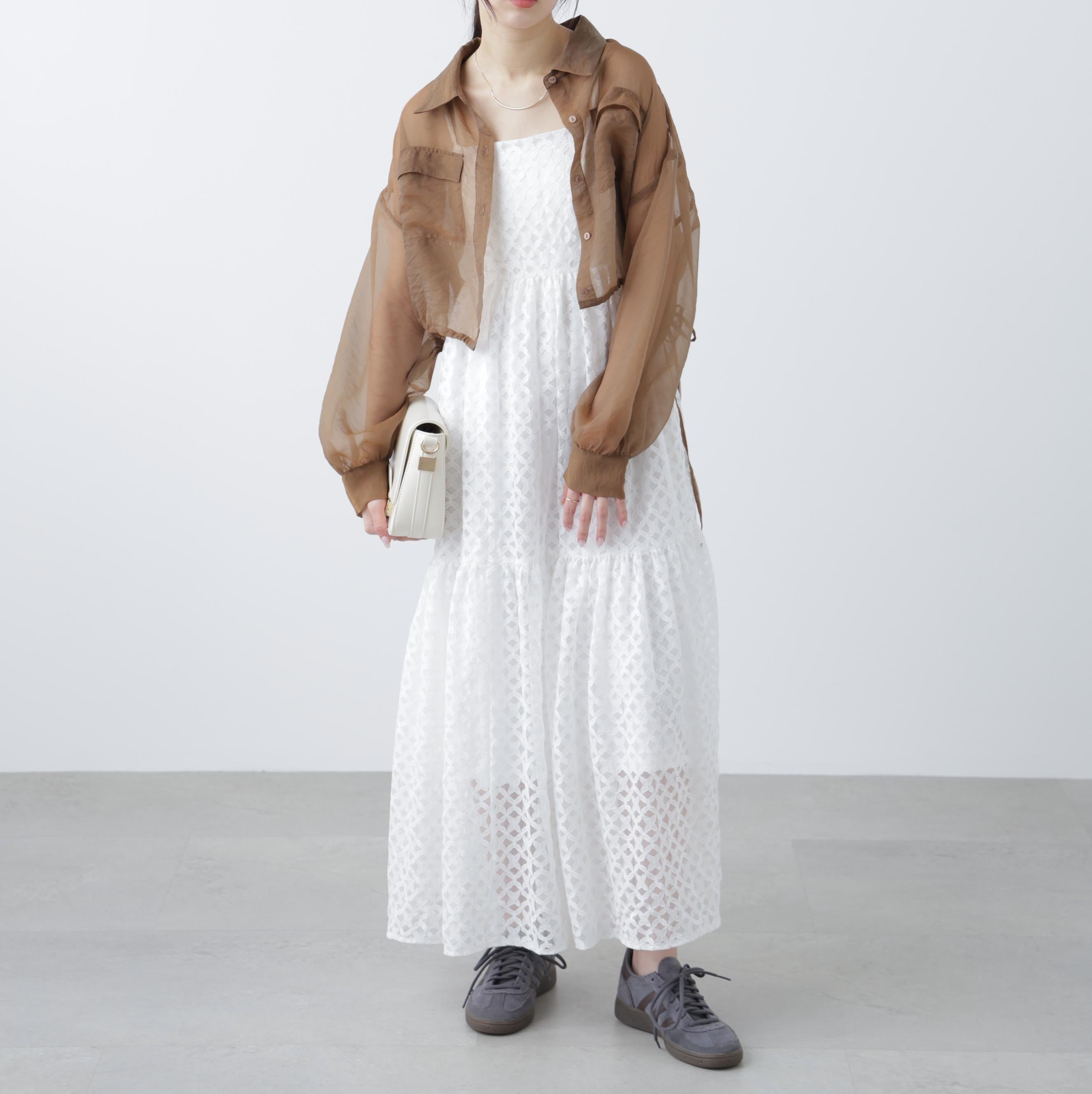 裾ドロストショート丈シアーシャツ ブラウン