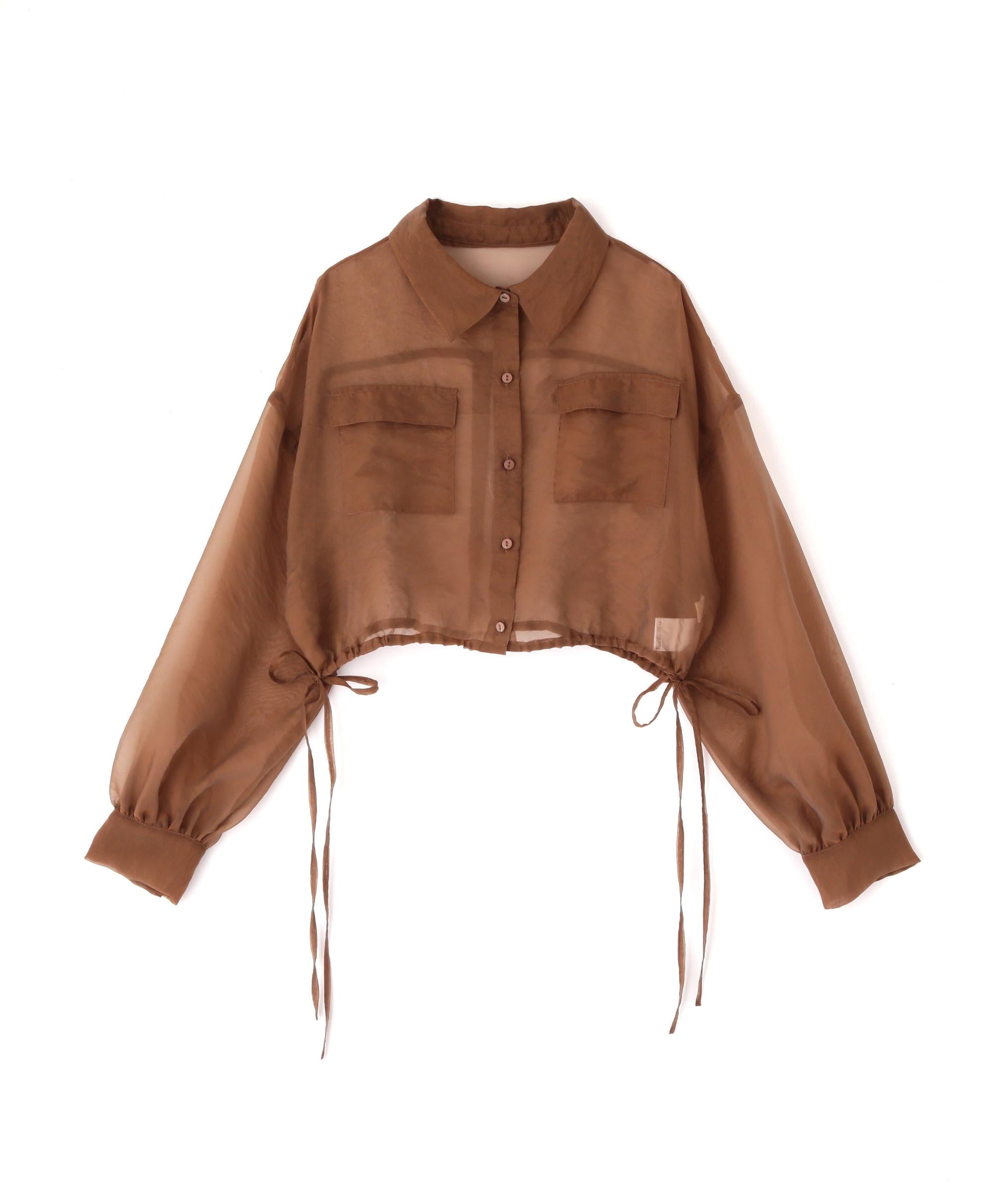 裾ドロストショート丈シアーシャツ ブラウン