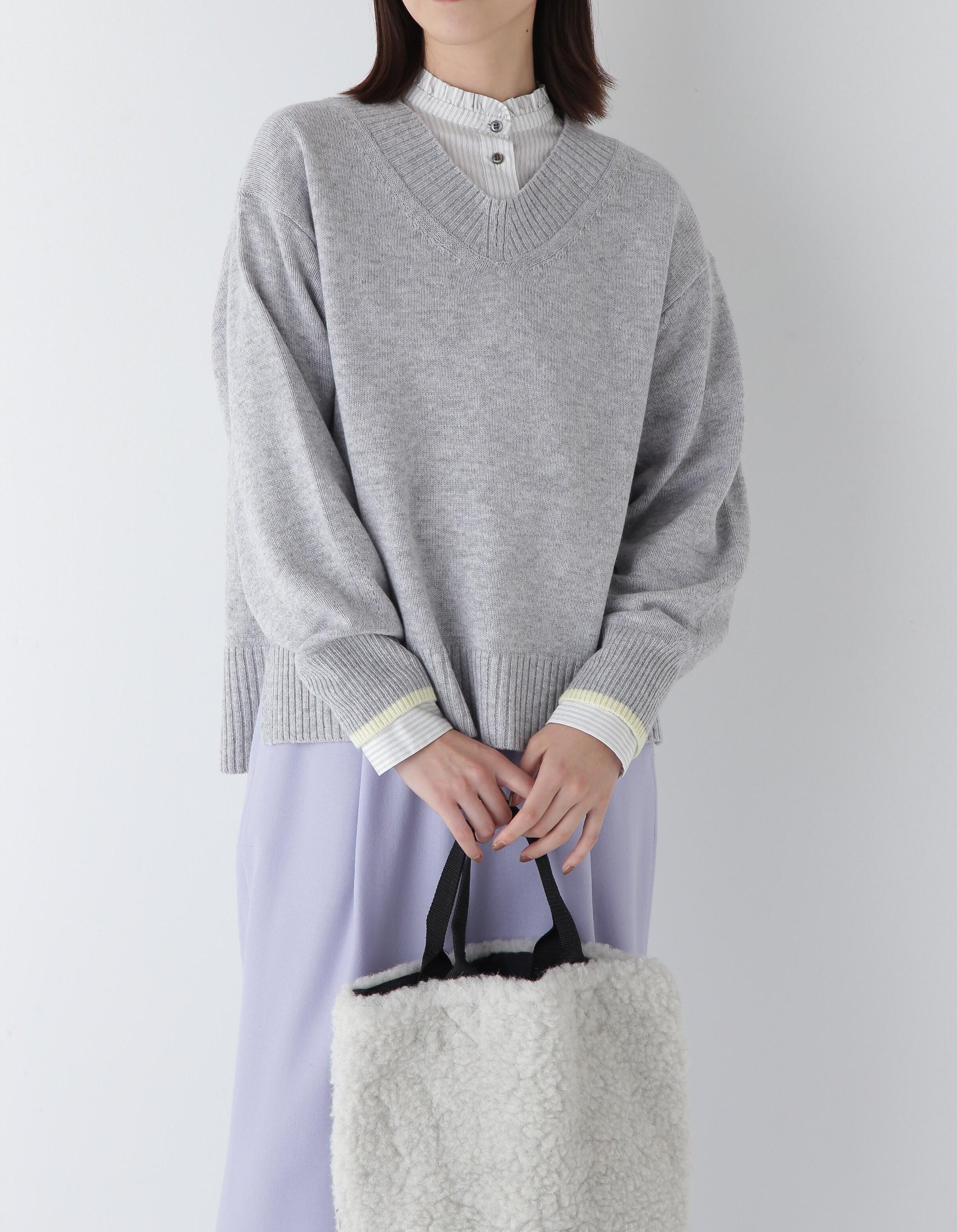 ◆ウールカシミヤＶネックニットプルオーバー Lグレー