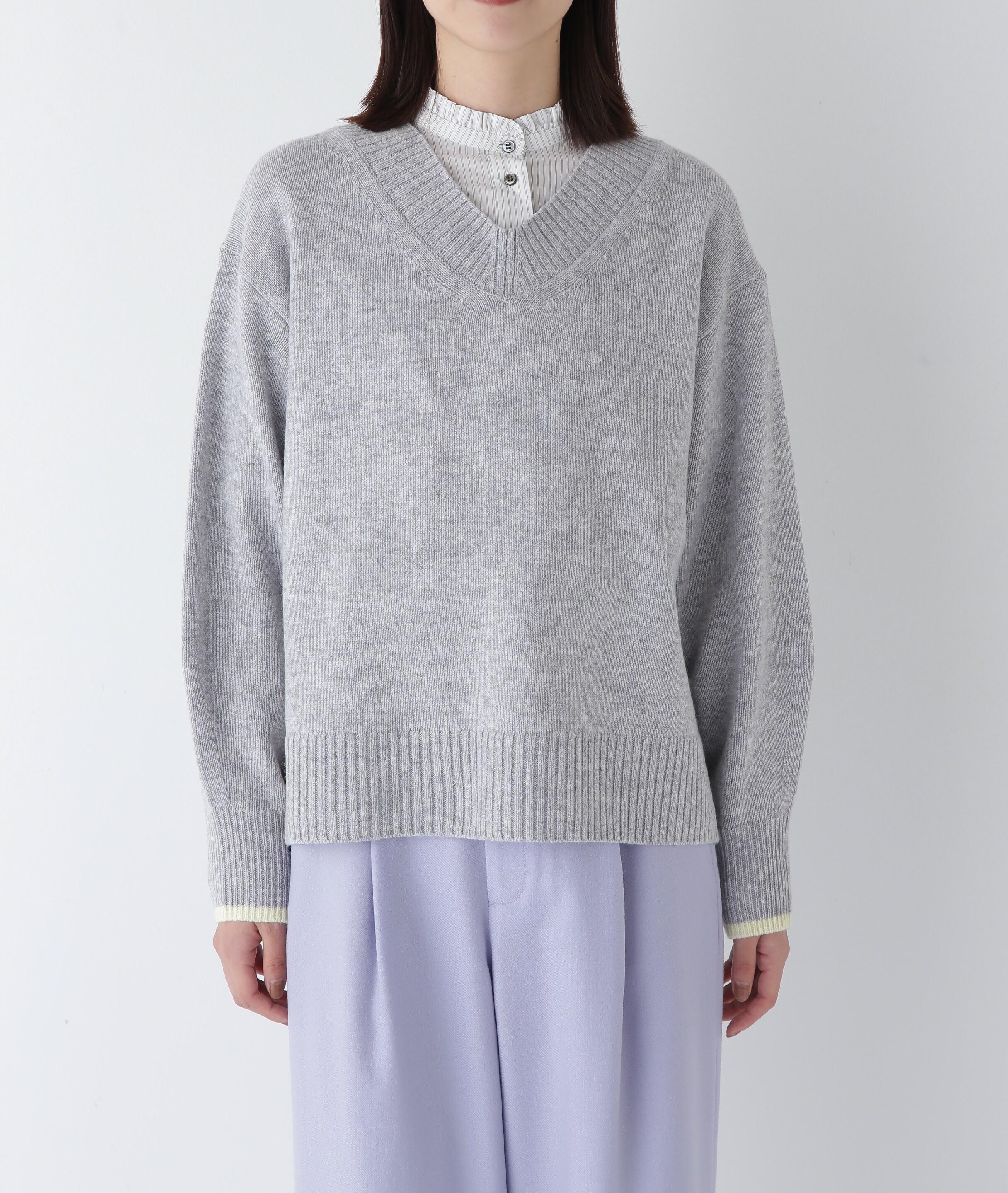 ◆ウールカシミヤＶネックニットプルオーバー Lグレー