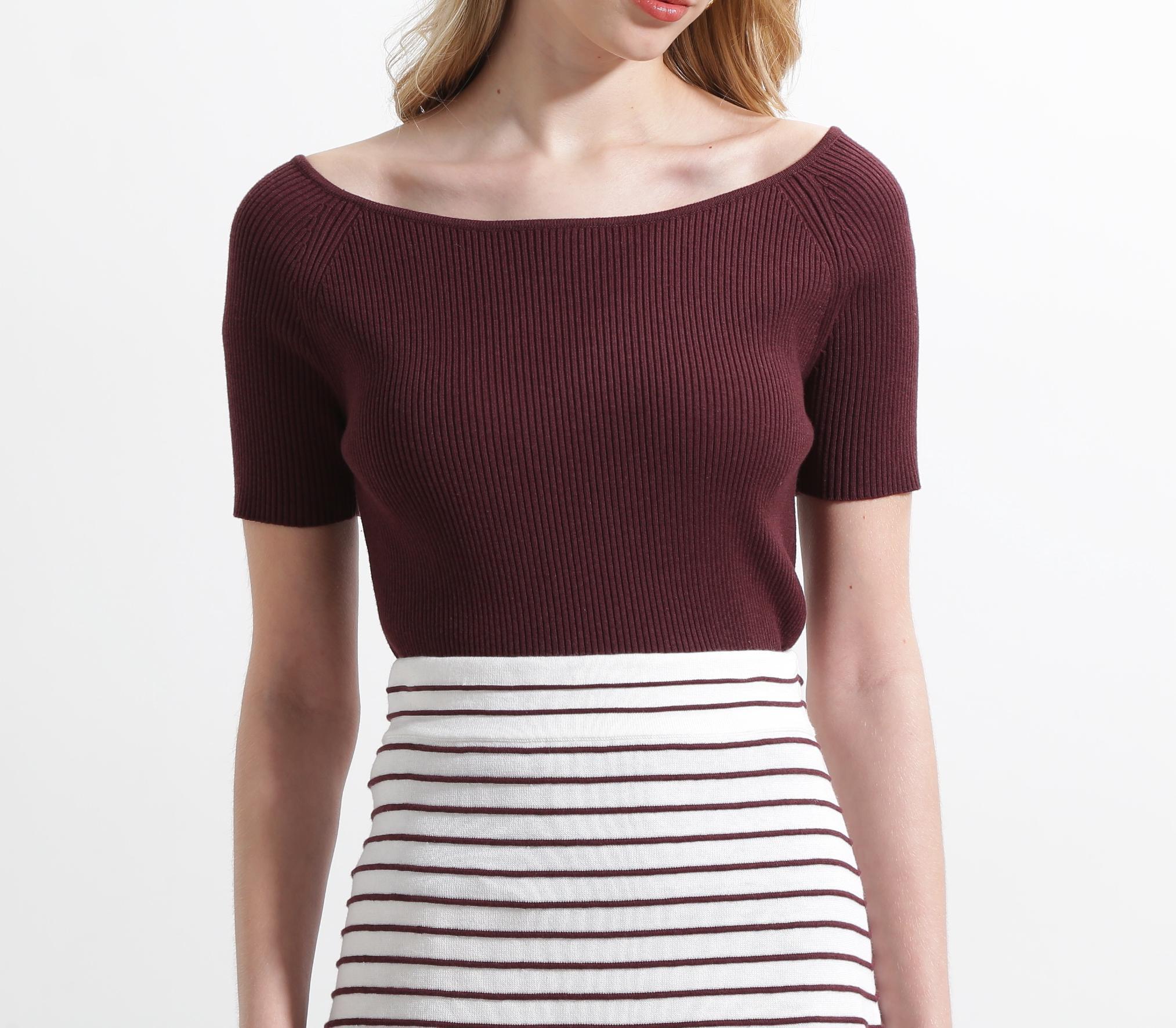 ◆オフショルダーリブニット ブラウン