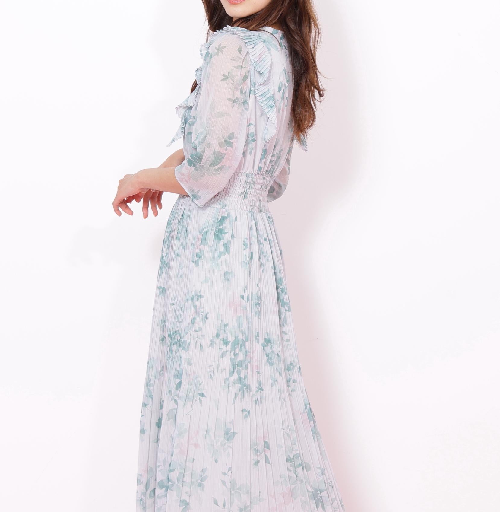 ぼかしフラワープリントワンピース グリーン1