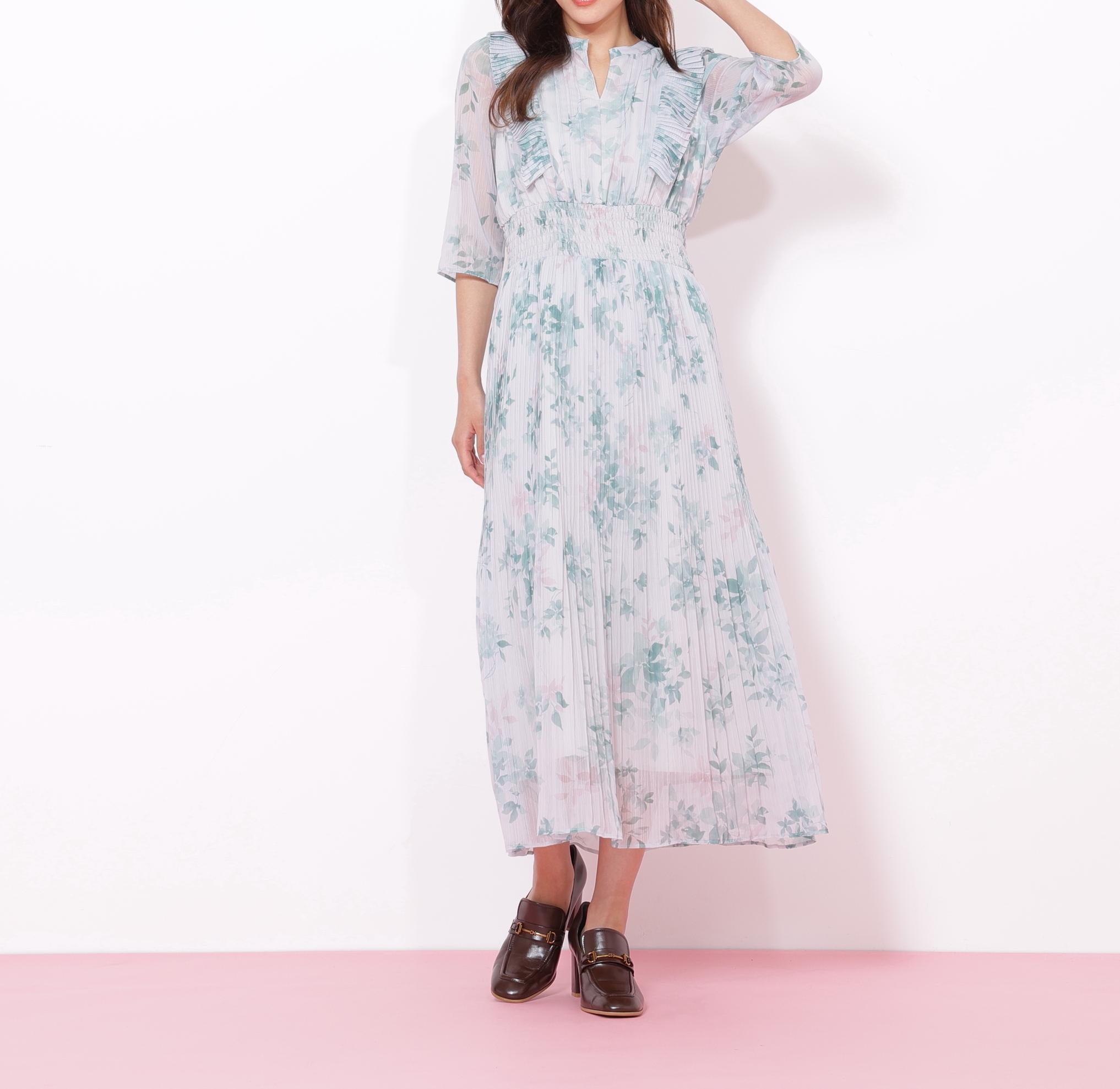 ぼかしフラワープリントワンピース グリーン1