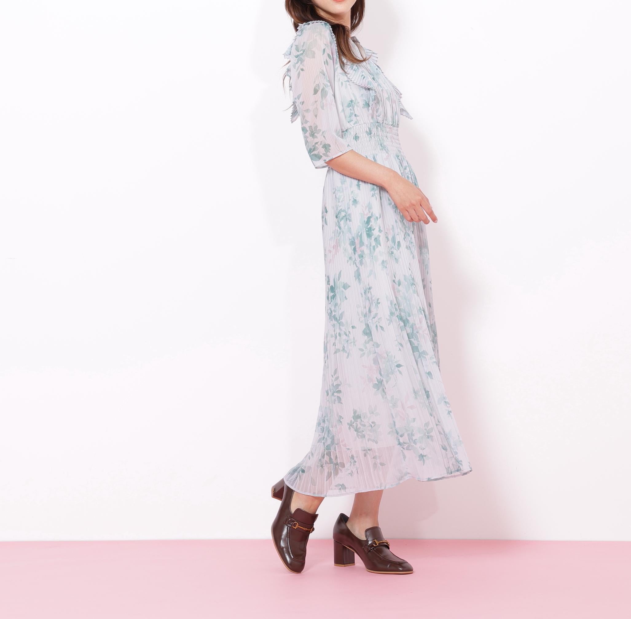 ぼかしフラワープリントワンピース グリーン1