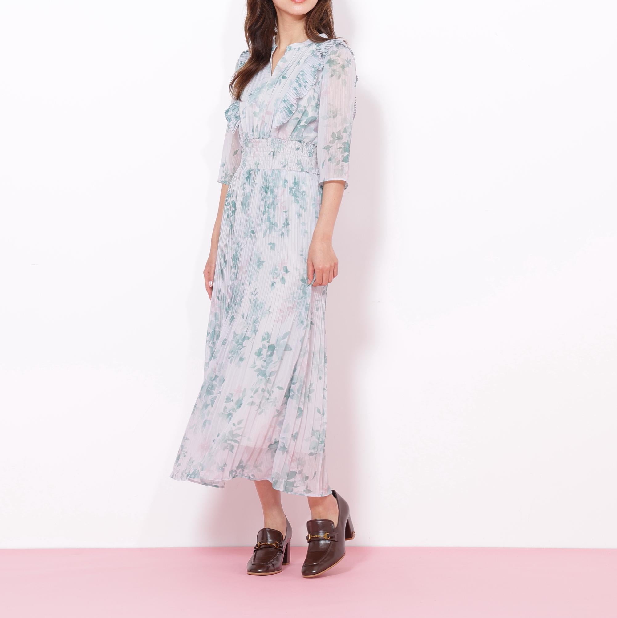 ぼかしフラワープリントワンピース グリーン1