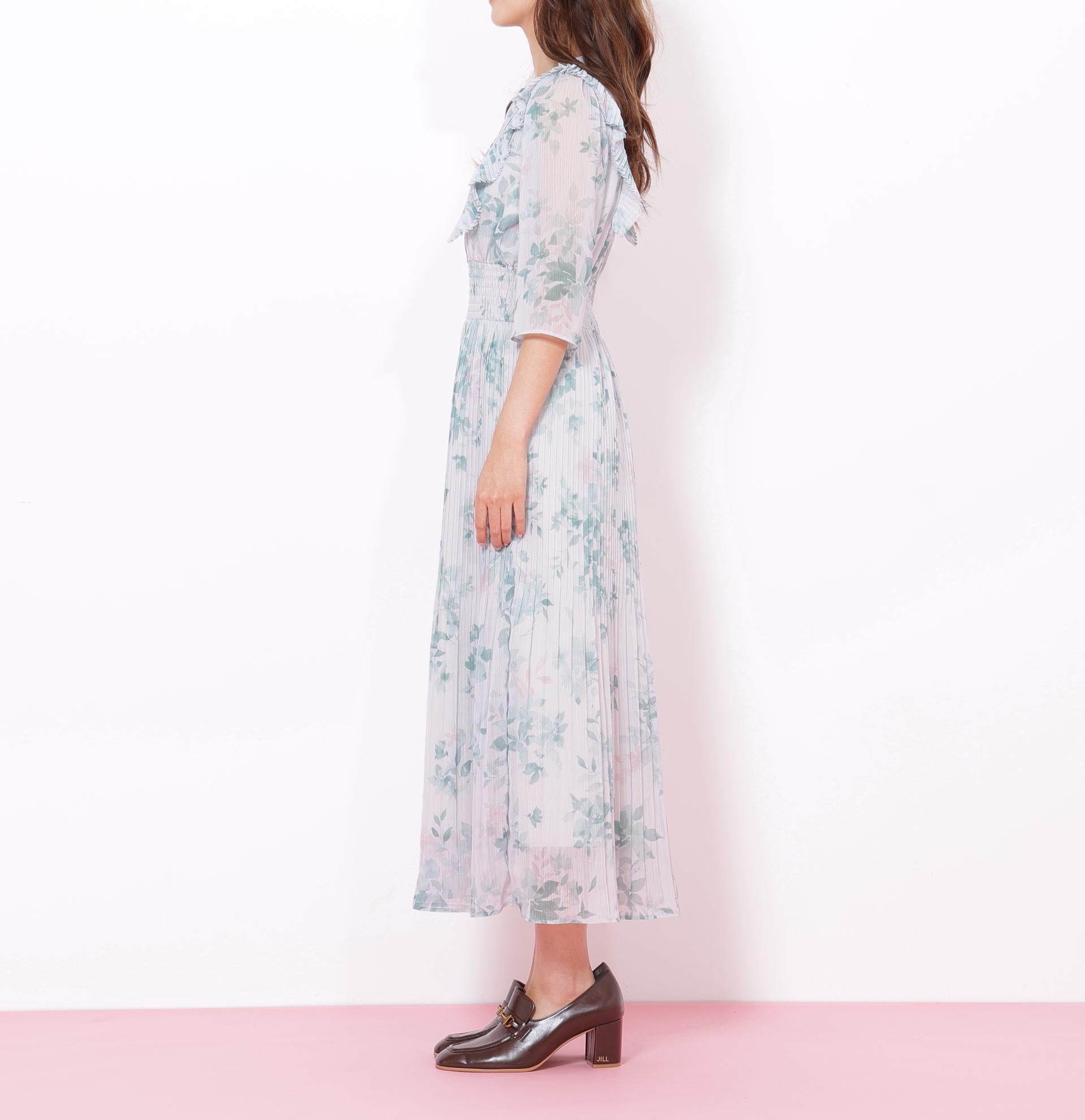 ぼかしフラワープリントワンピース グリーン1