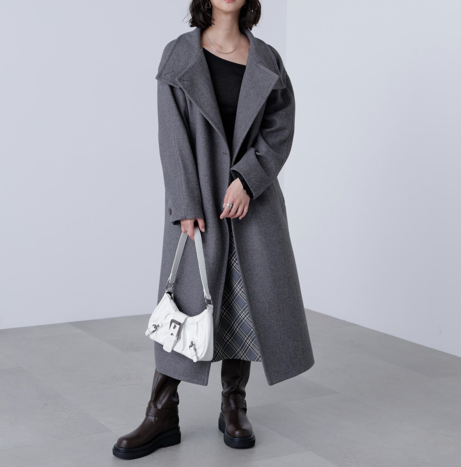 [累計販売5000枚！選べる4色]スタンドカラーメルトンロングコート グレー1