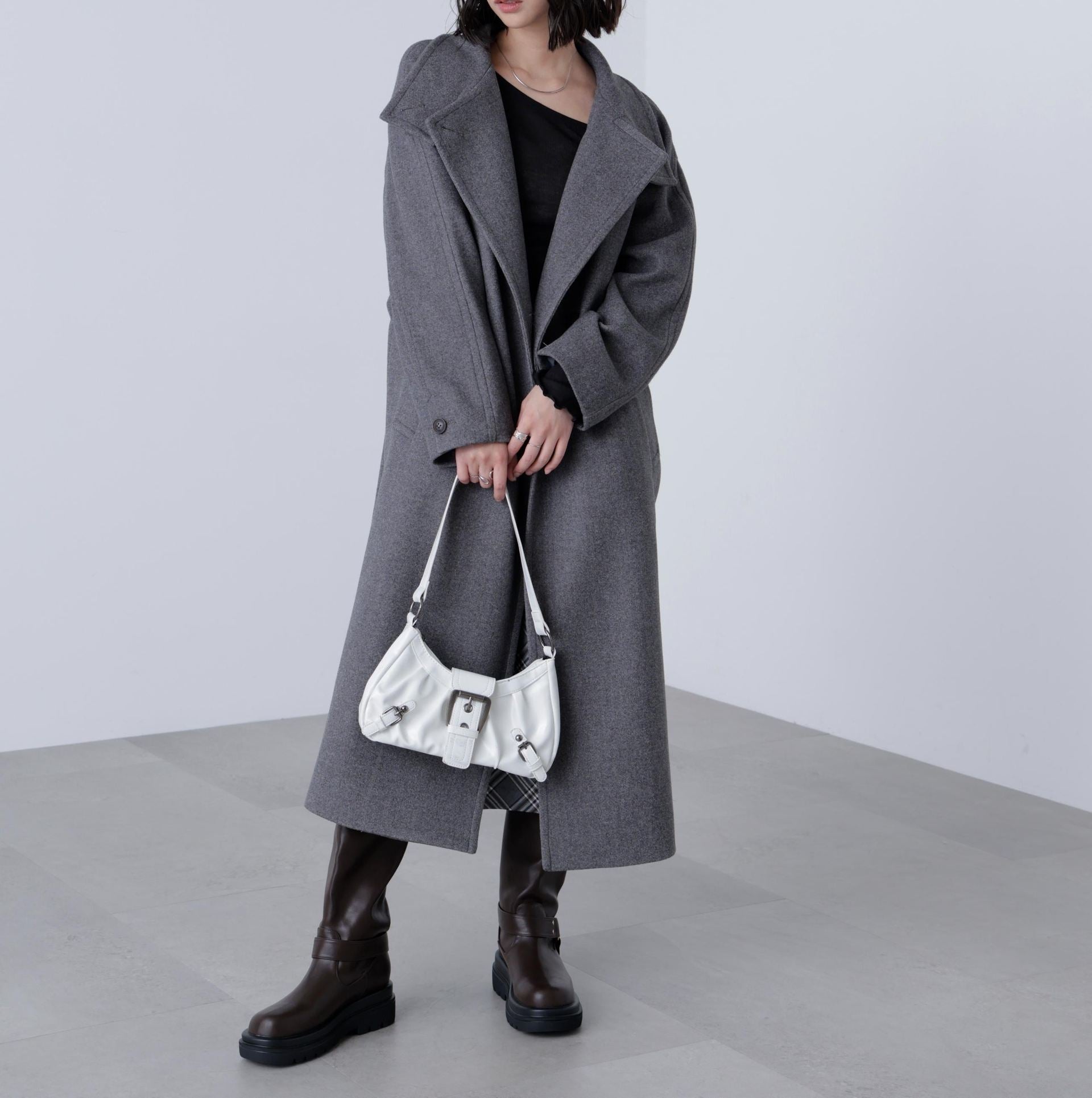 [累計販売5000枚！選べる4色]スタンドカラーメルトンロングコート グレー1