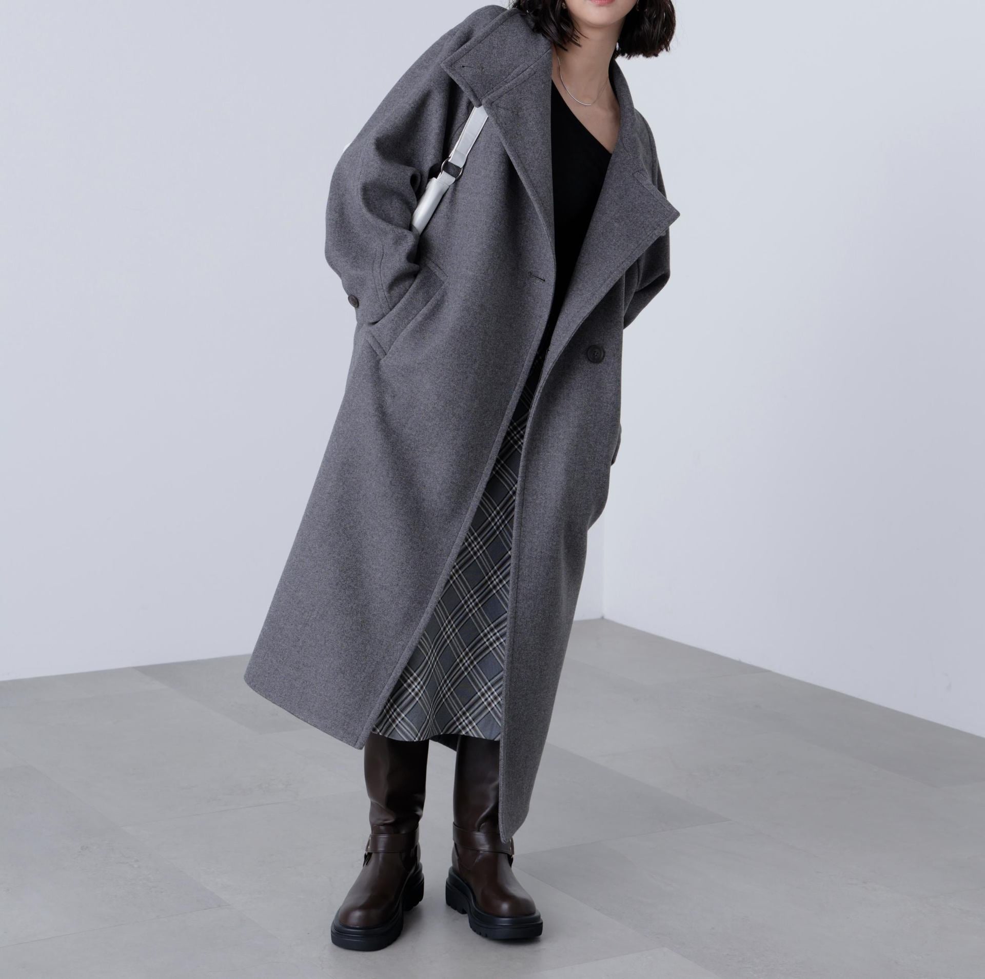 [累計販売5000枚！選べる4色]スタンドカラーメルトンロングコート グレー1