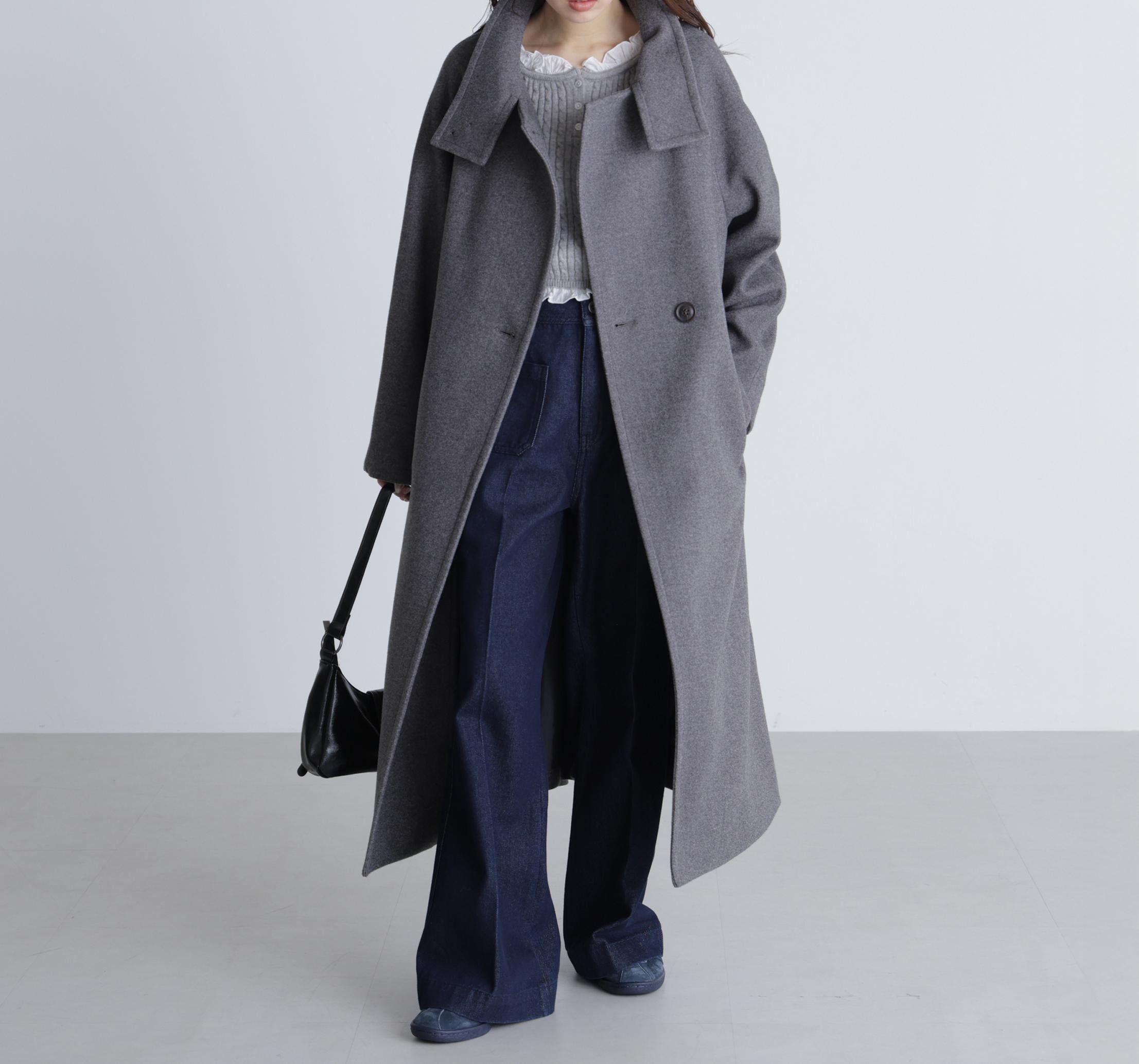 [累計販売5000枚！選べる4色]スタンドカラーメルトンロングコート グレー1