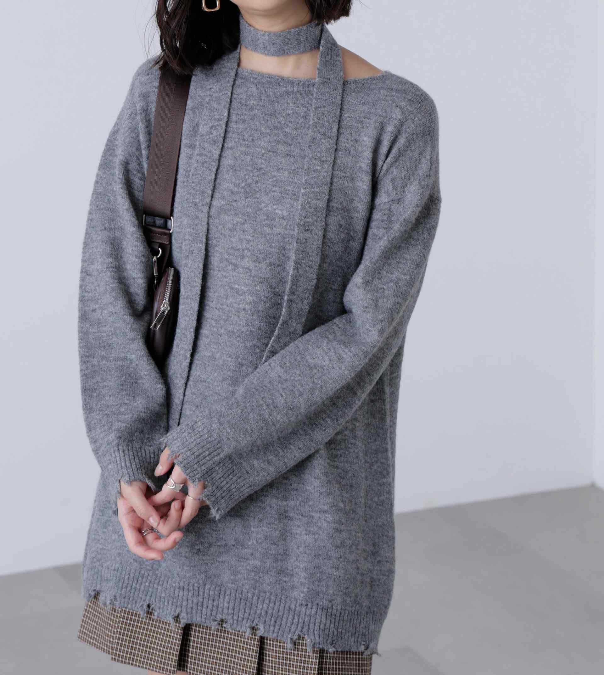 モヘヤ混タイ付きルーズミニワンピース グレー