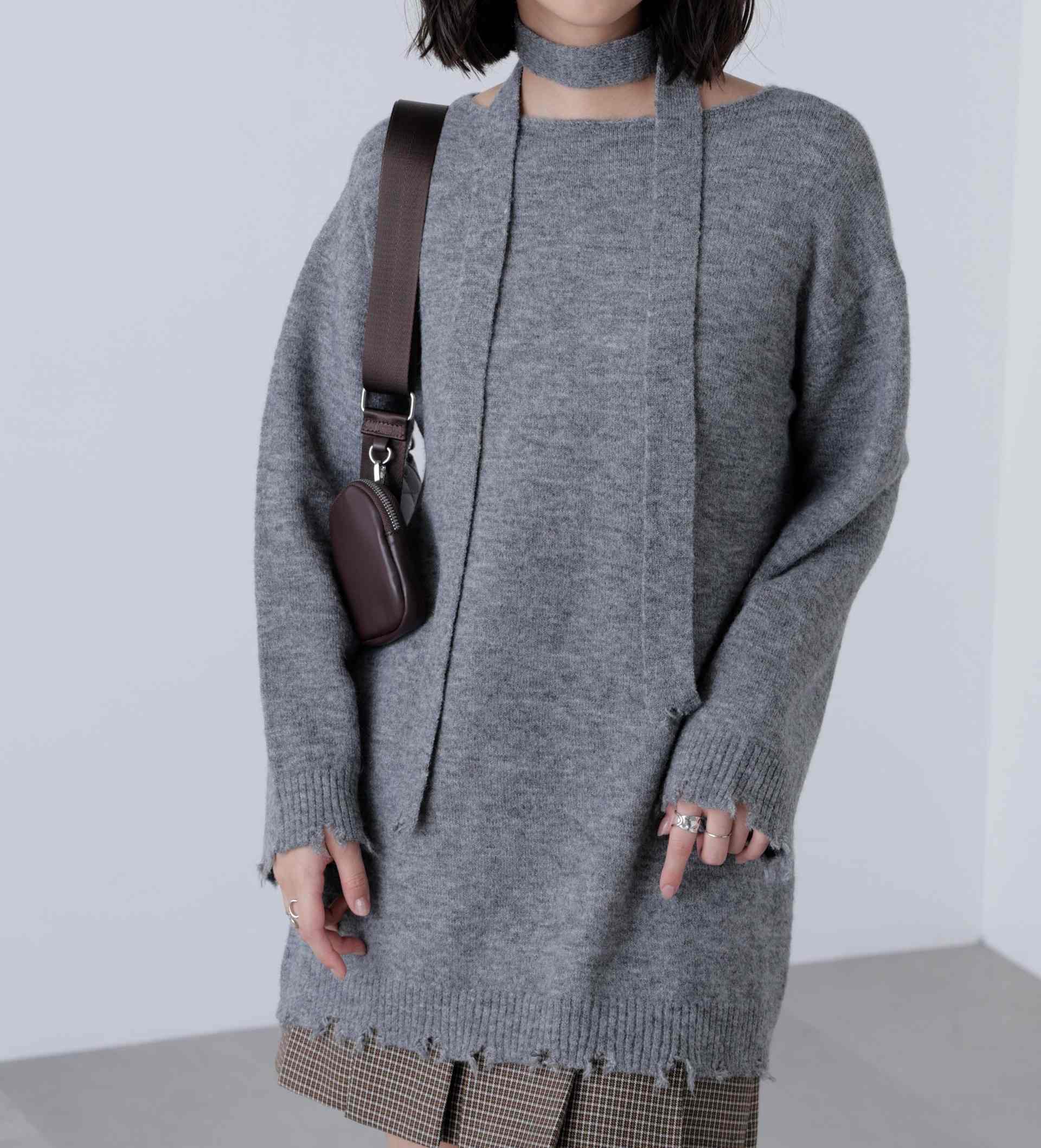 モヘヤ混タイ付きルーズミニワンピース グレー