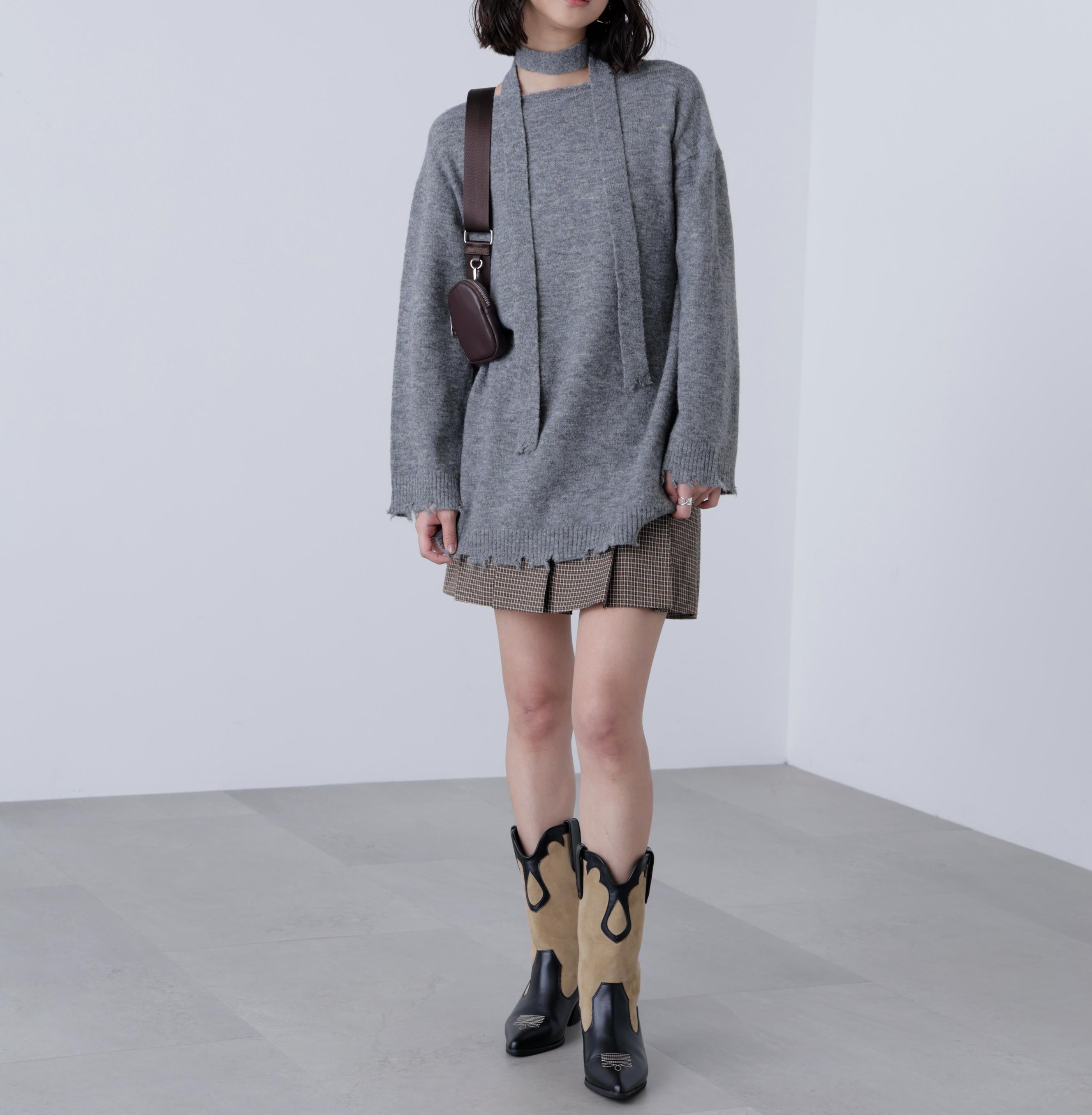 モヘヤ混タイ付きルーズミニワンピース グレー