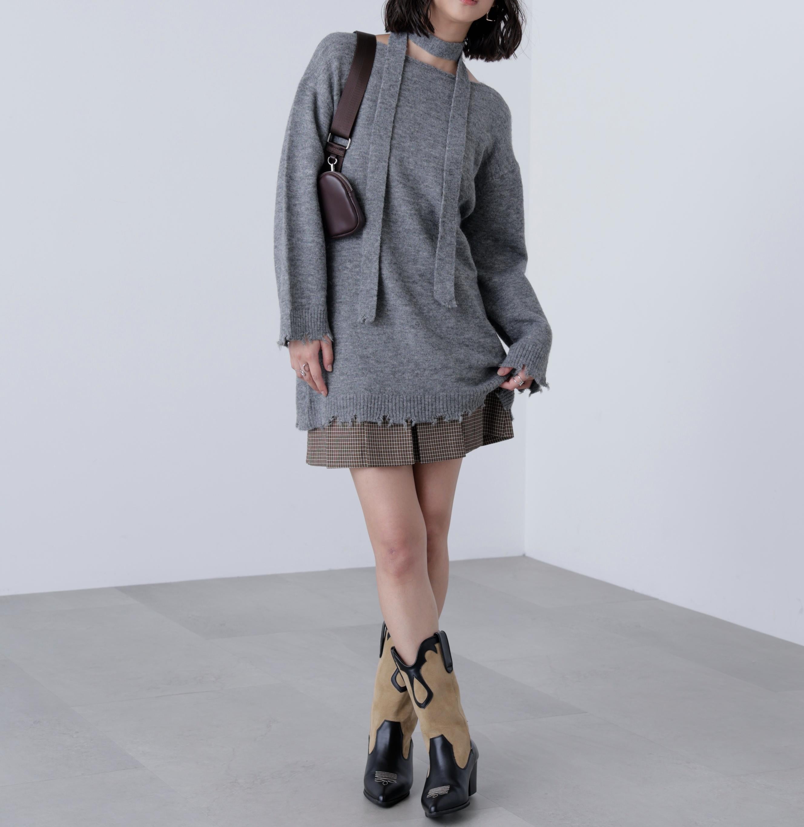 モヘヤ混タイ付きルーズミニワンピース グレー