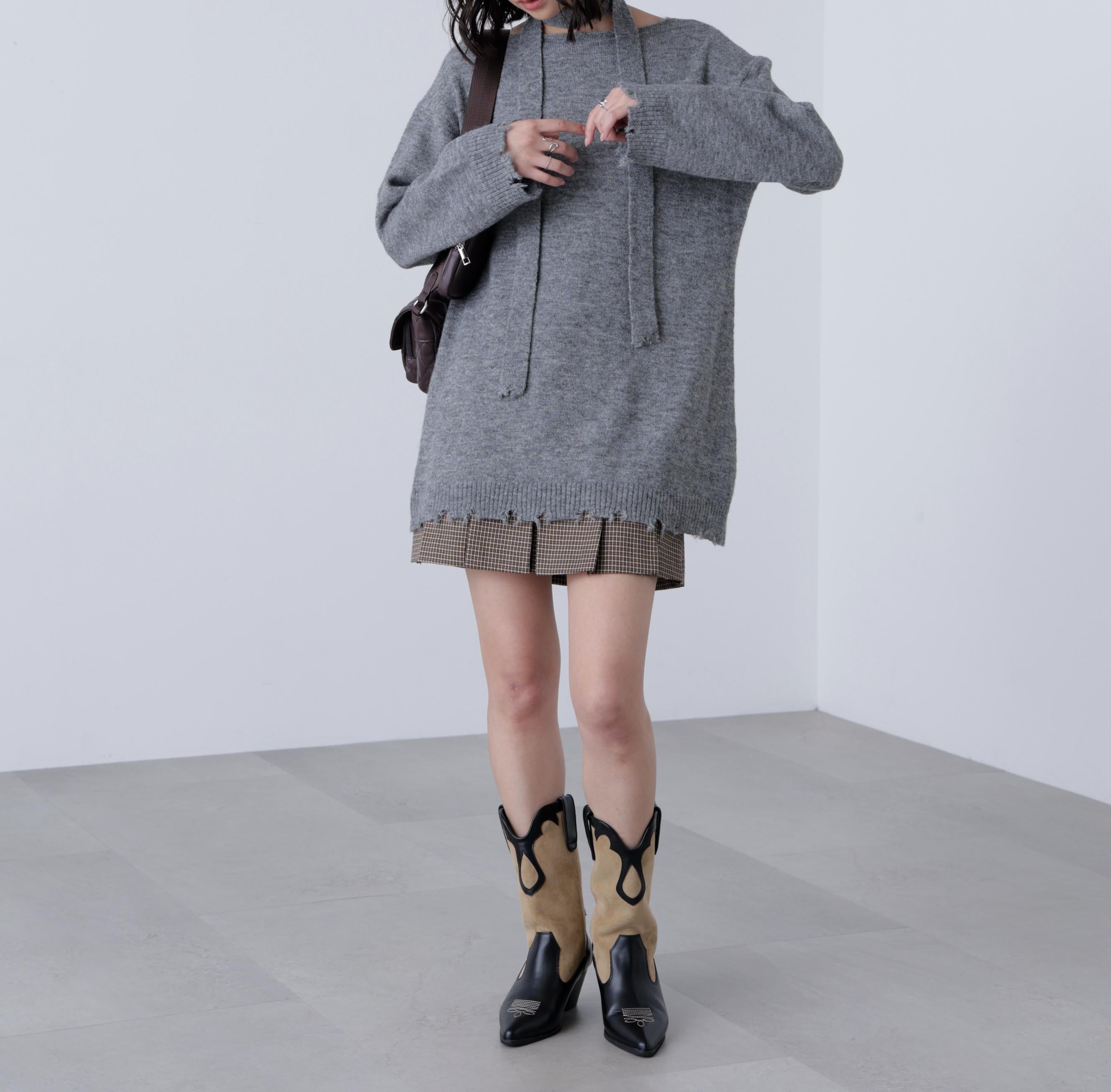 モヘヤ混タイ付きルーズミニワンピース グレー