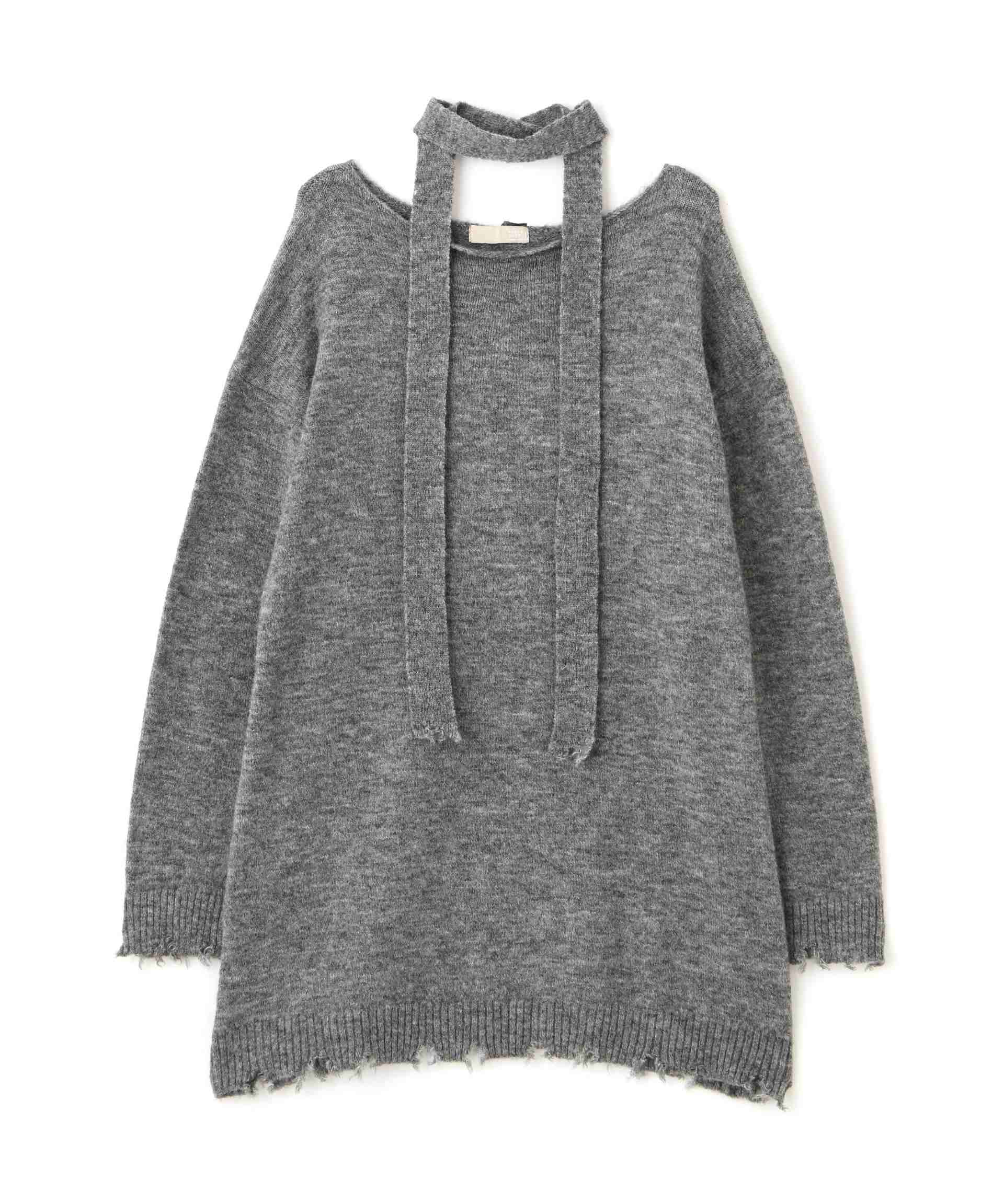 モヘヤ混タイ付きルーズミニワンピース グレー