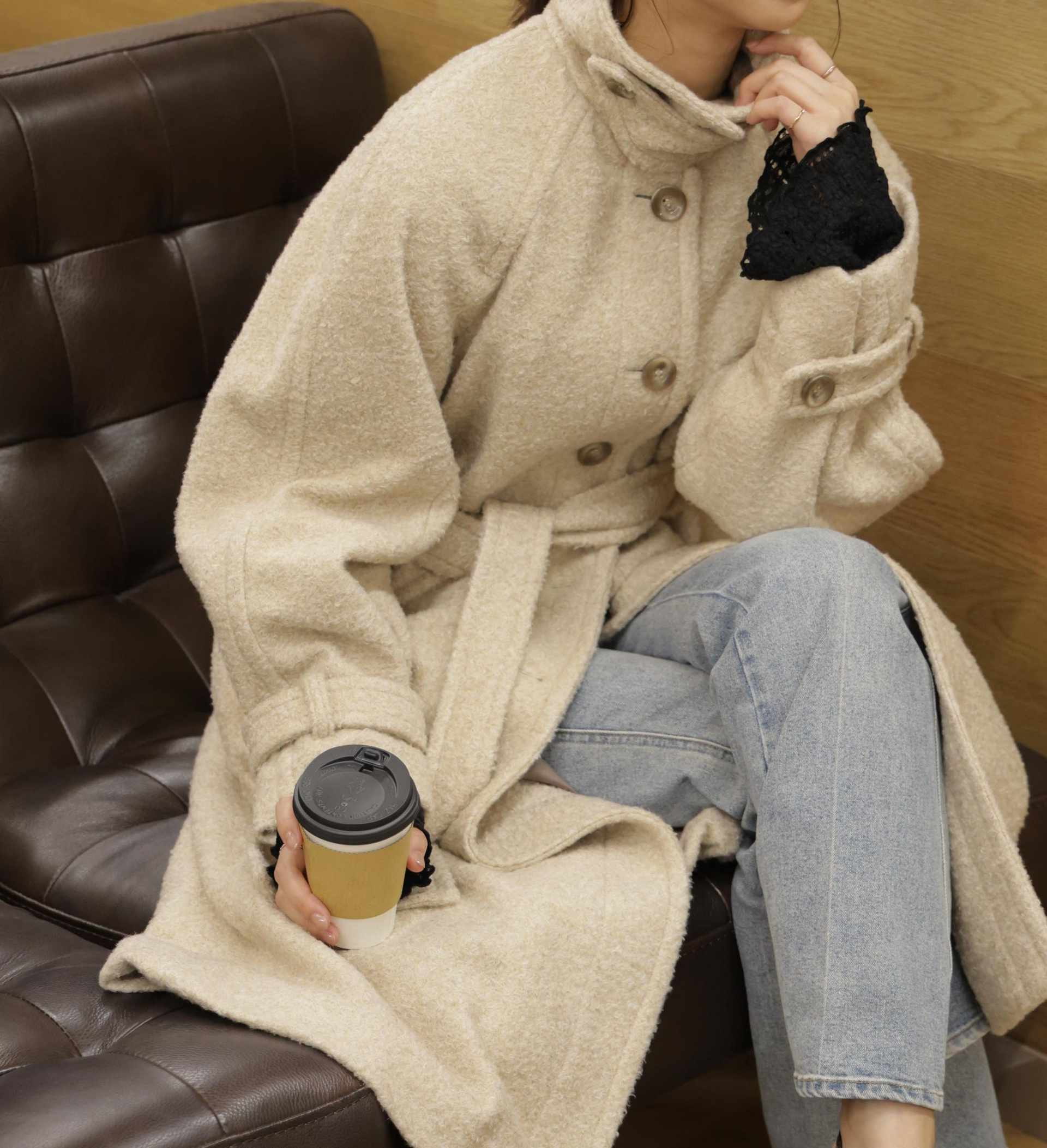 2wayステンカラーロングコート ブラウンミックス3