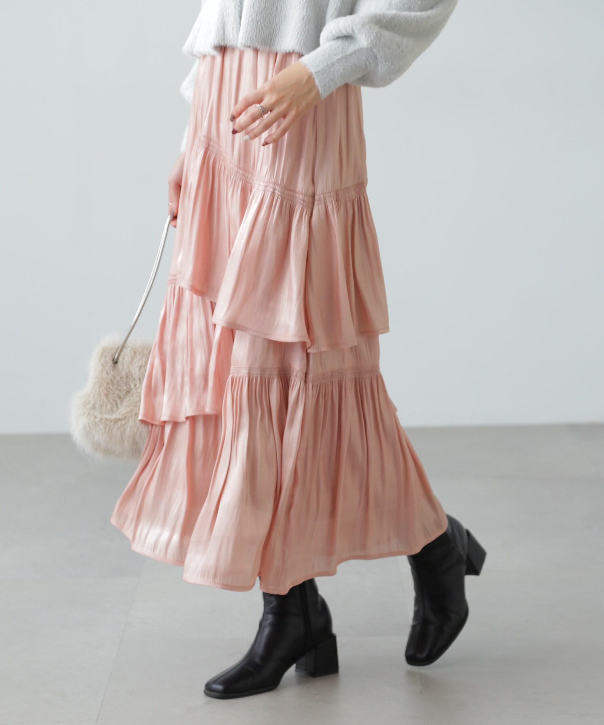 アシメシャーリングティアードスカート ピンク1