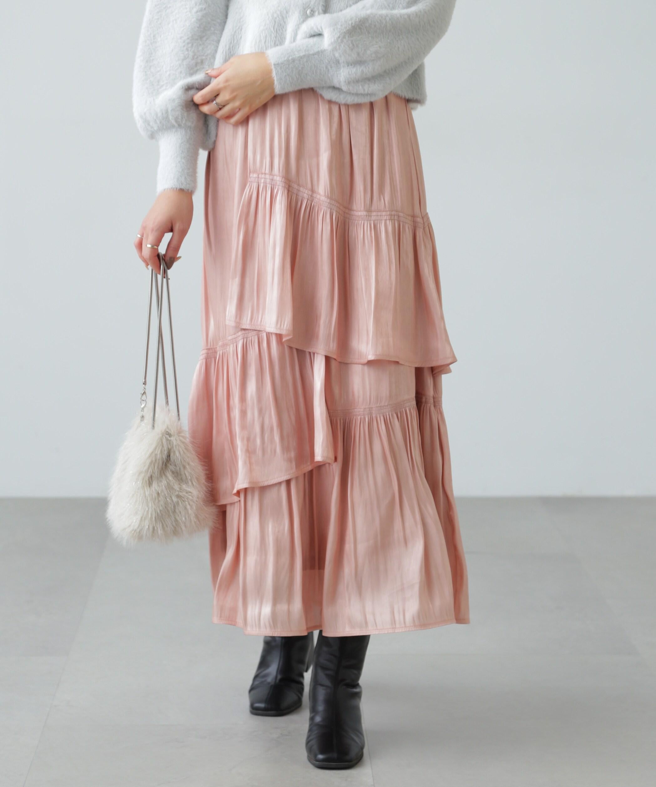 アシメシャーリングティアードスカート ピンク1