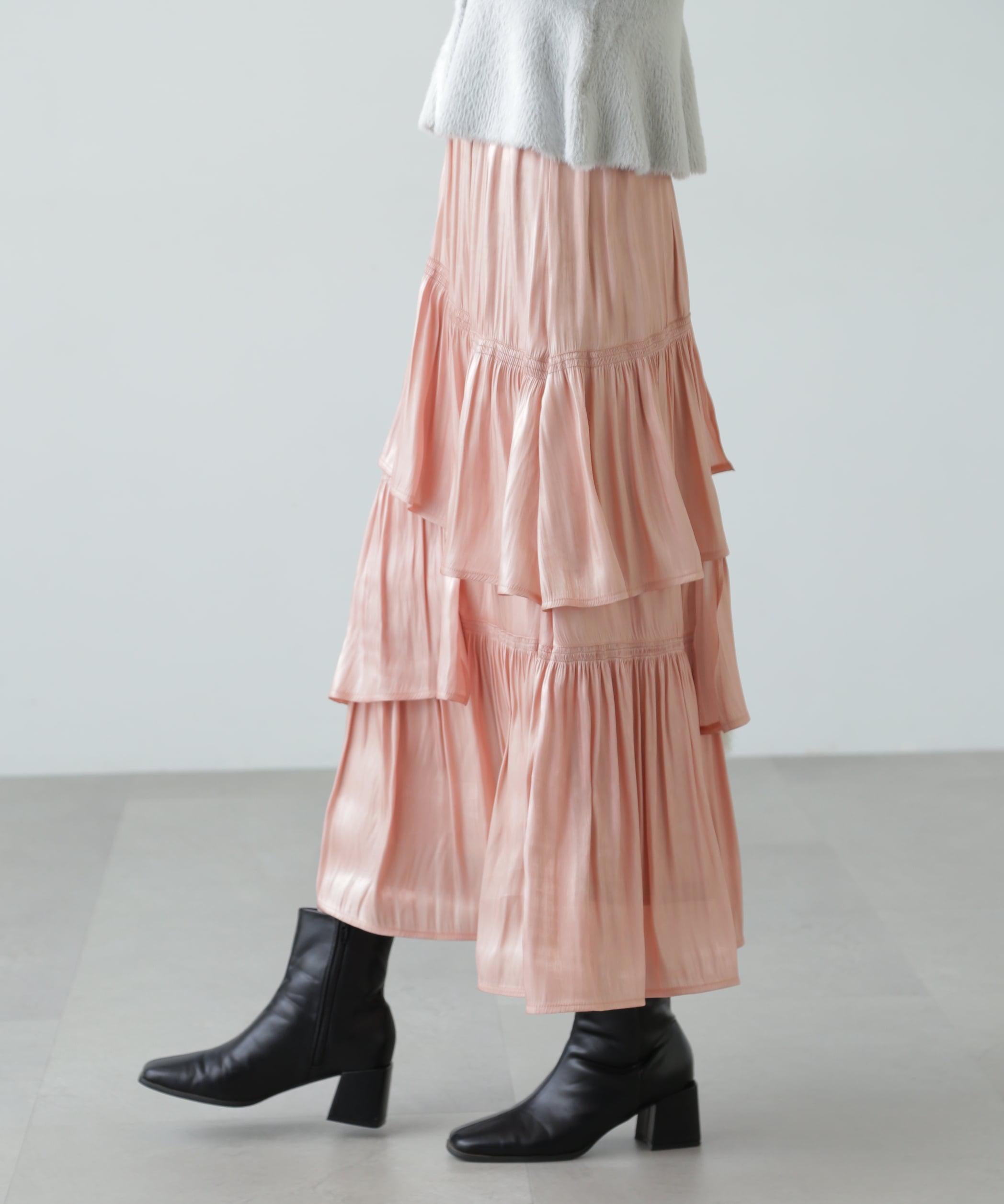 アシメシャーリングティアードスカート ピンク1