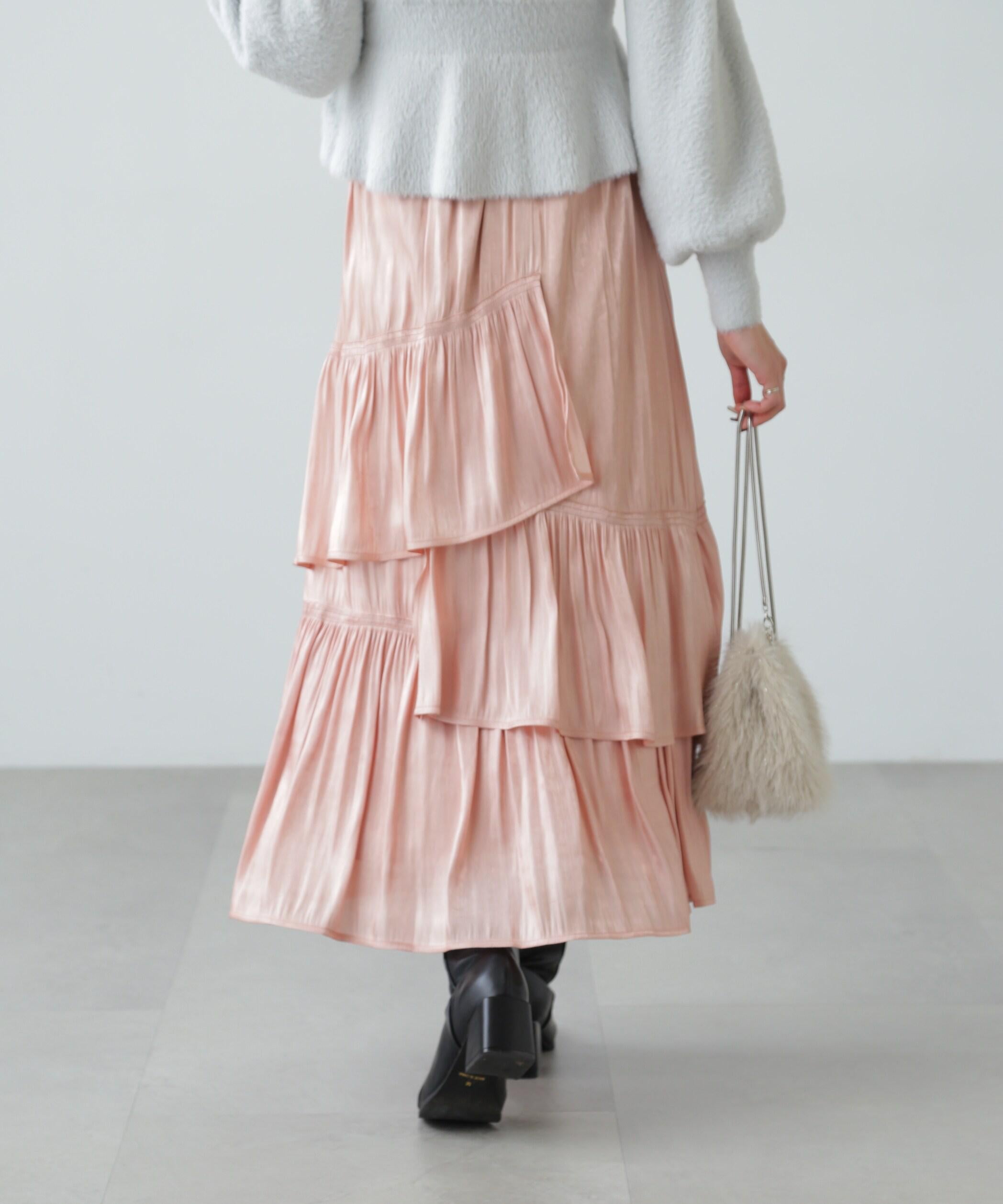 アシメシャーリングティアードスカート ピンク1
