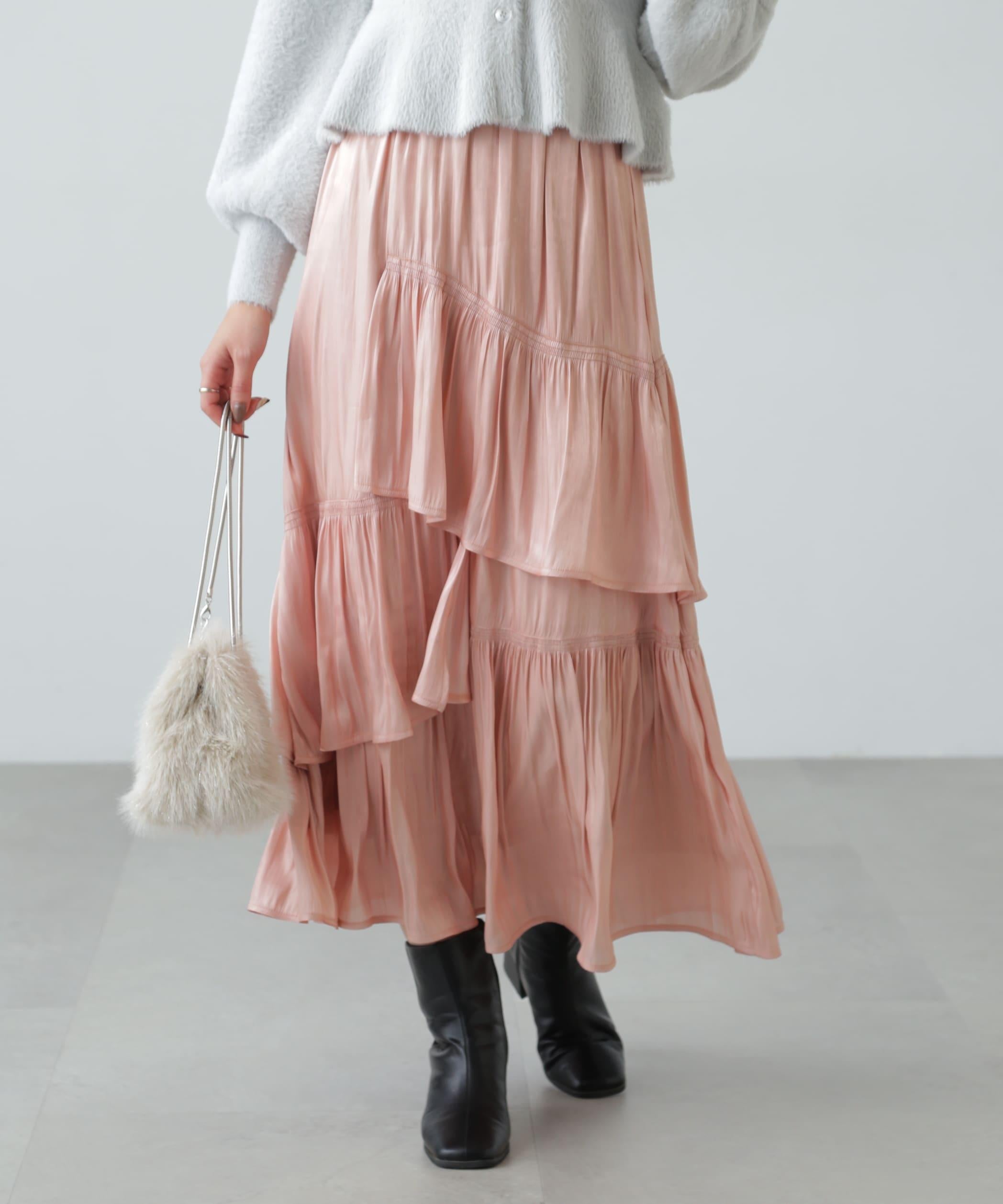 アシメシャーリングティアードスカート ピンク1
