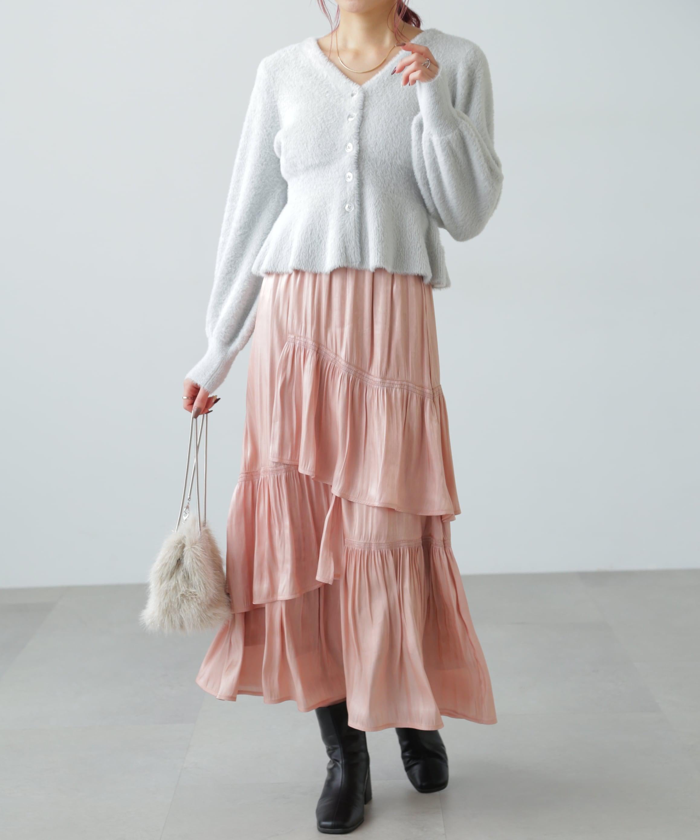 アシメシャーリングティアードスカート ピンク1