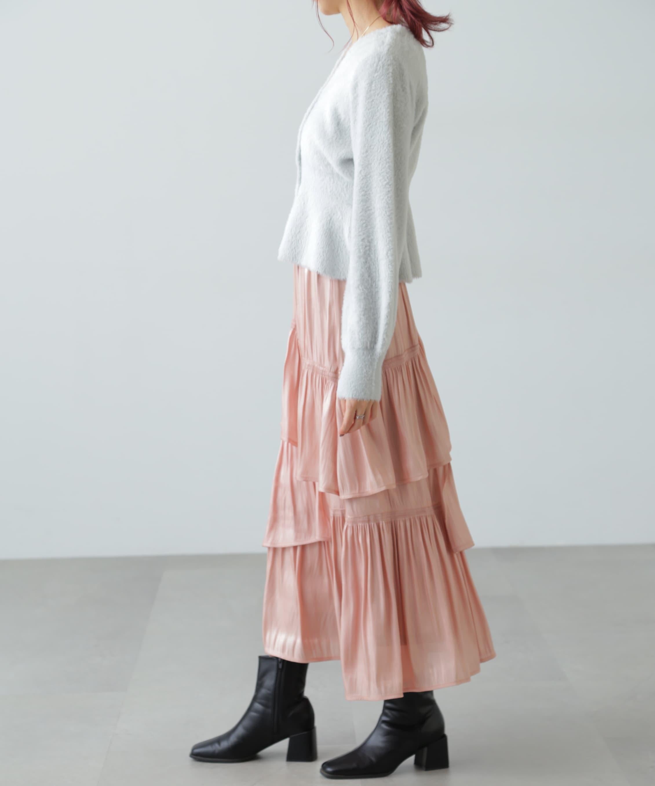 アシメシャーリングティアードスカート ピンク1