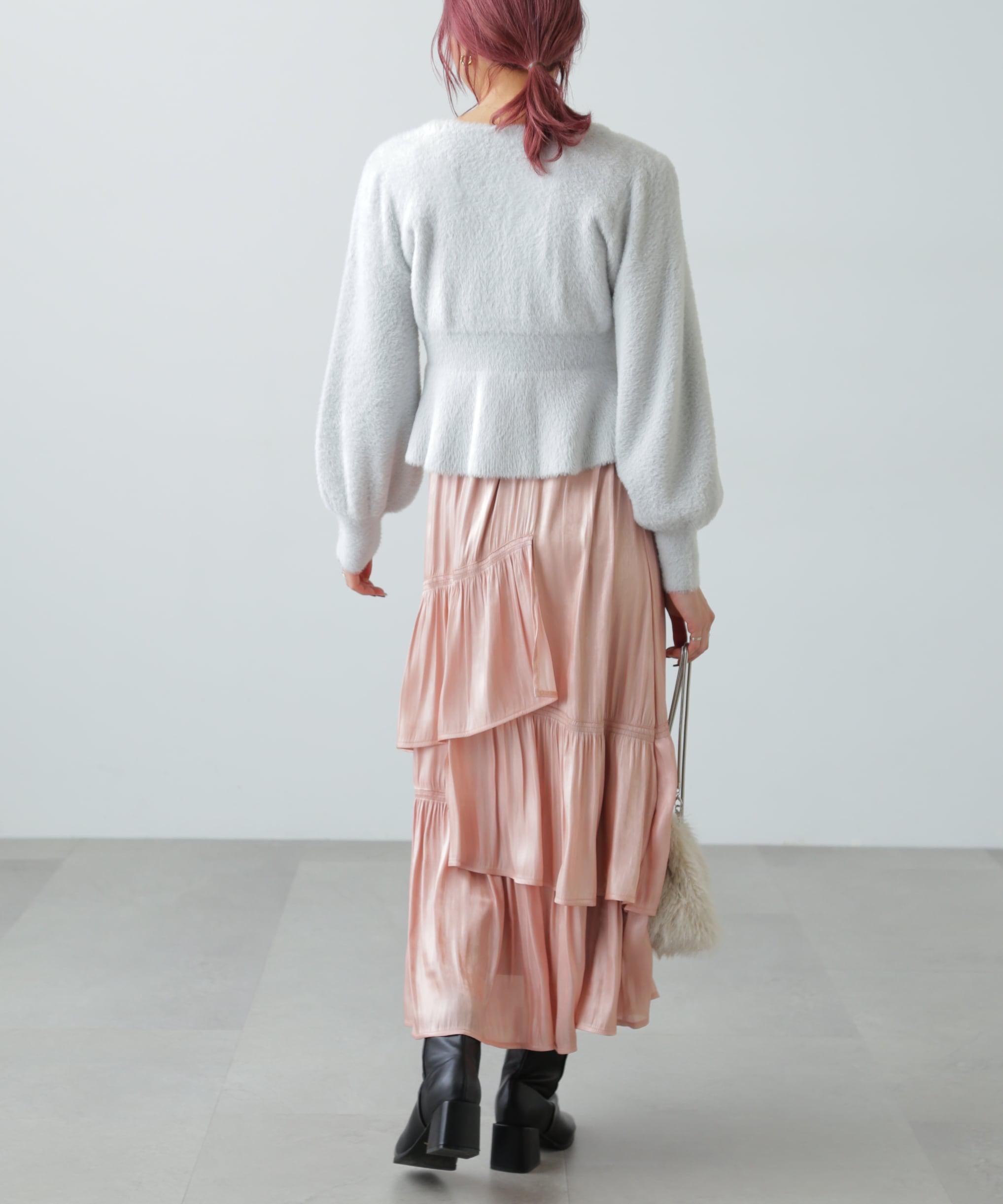 アシメシャーリングティアードスカート ピンク1