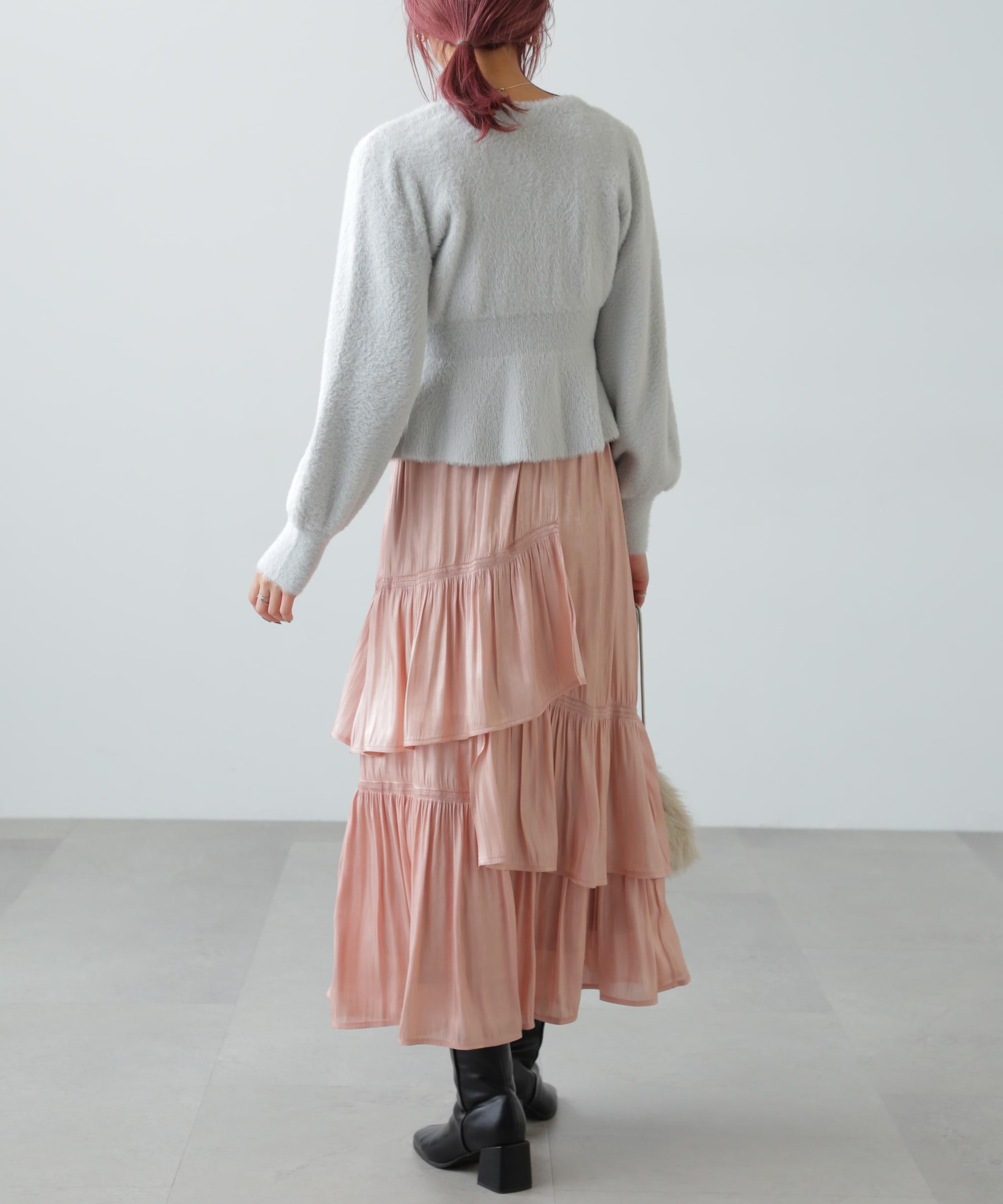 アシメシャーリングティアードスカート ピンク1