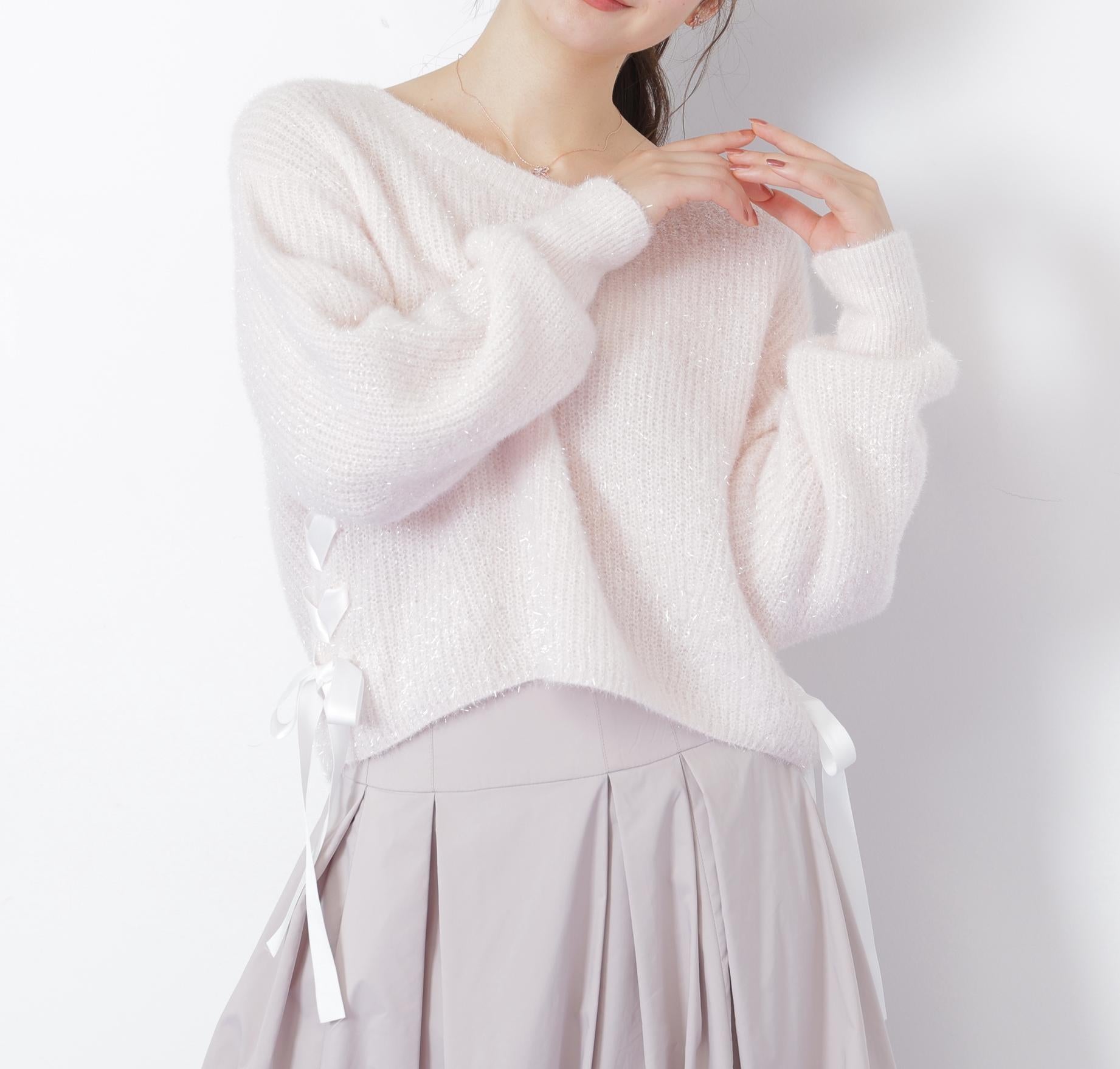 サイドリボンフィルムフェザーニット ピンク