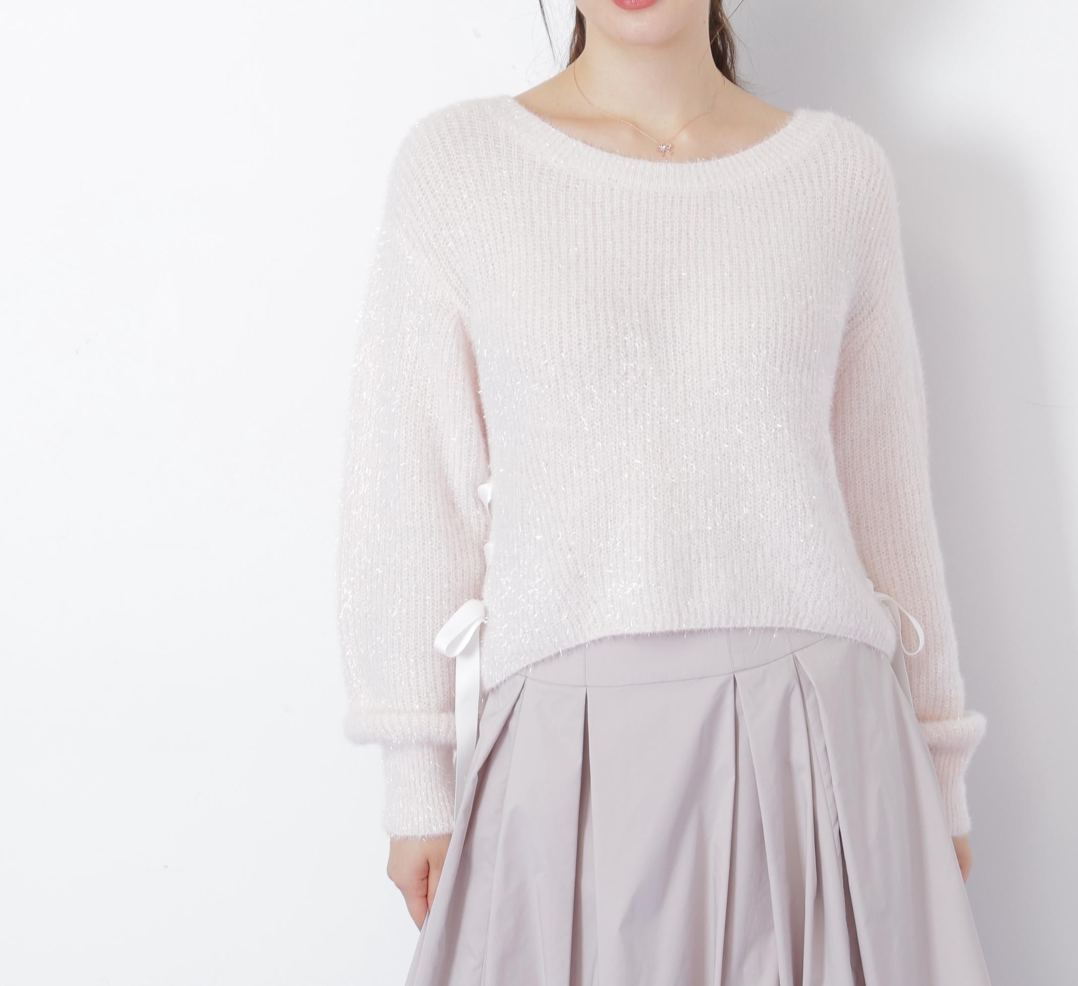 サイドリボンフィルムフェザーニット ピンク