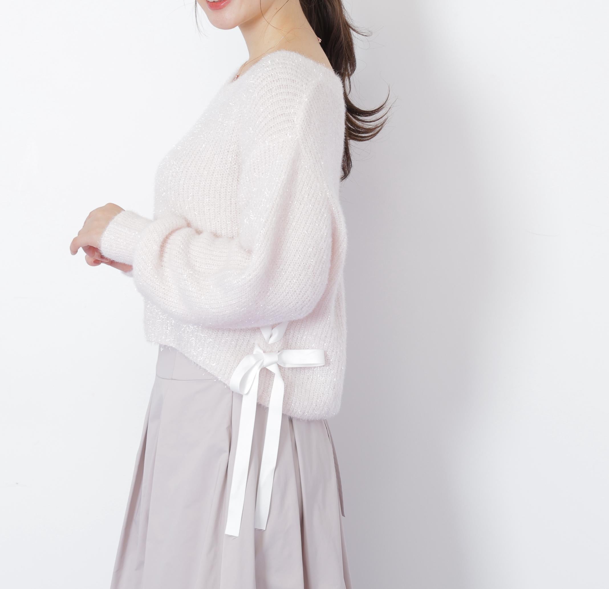 サイドリボンフィルムフェザーニット ピンク