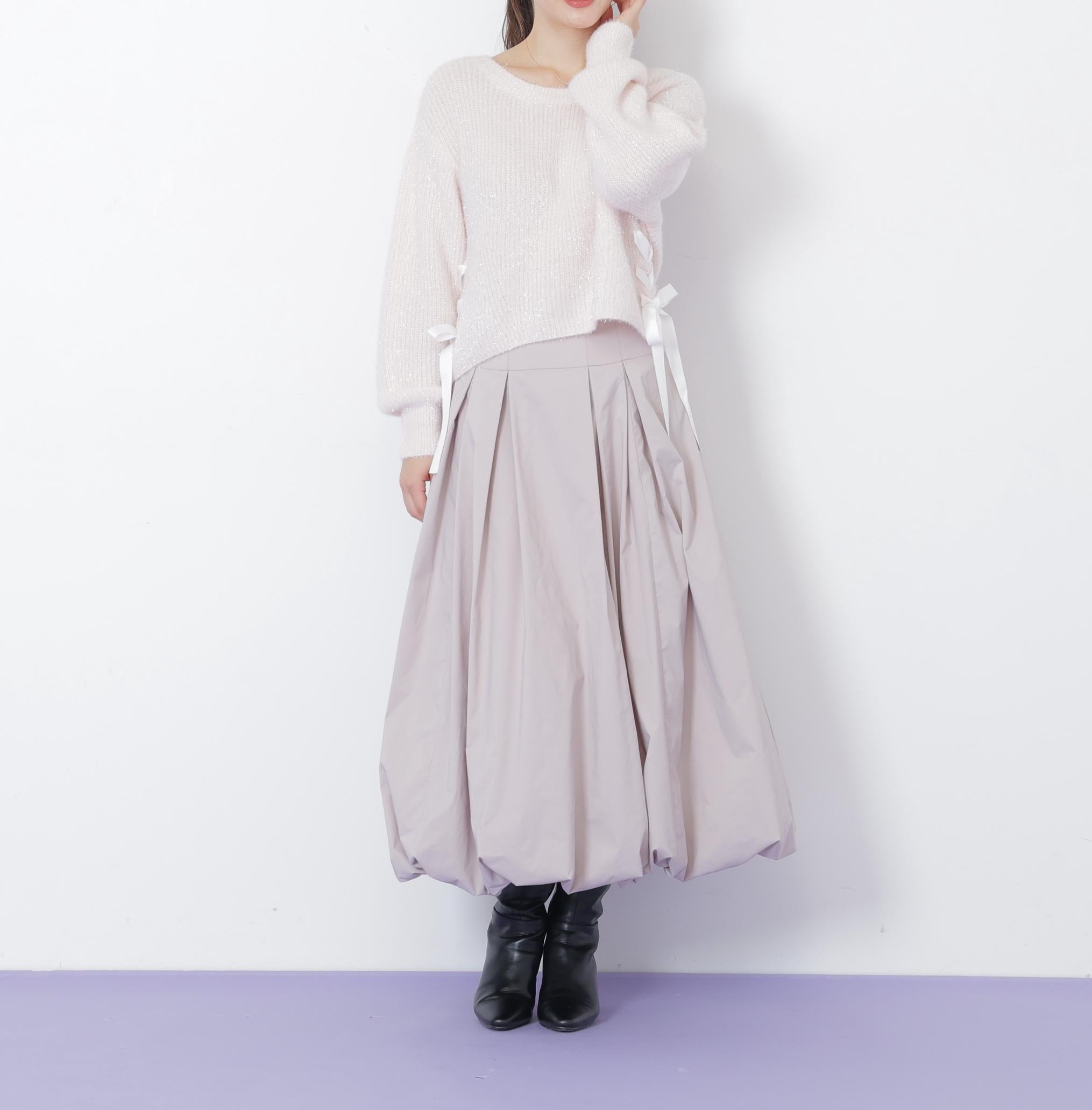 サイドリボンフィルムフェザーニット ピンク