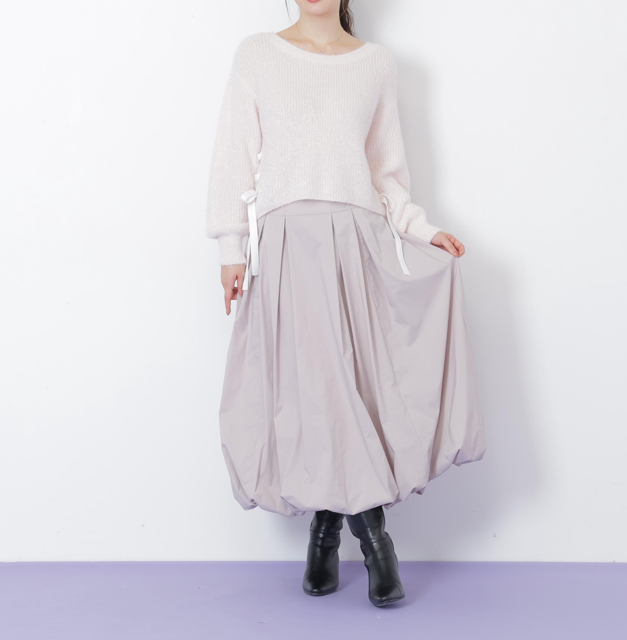 サイドリボンフィルムフェザーニット ピンク