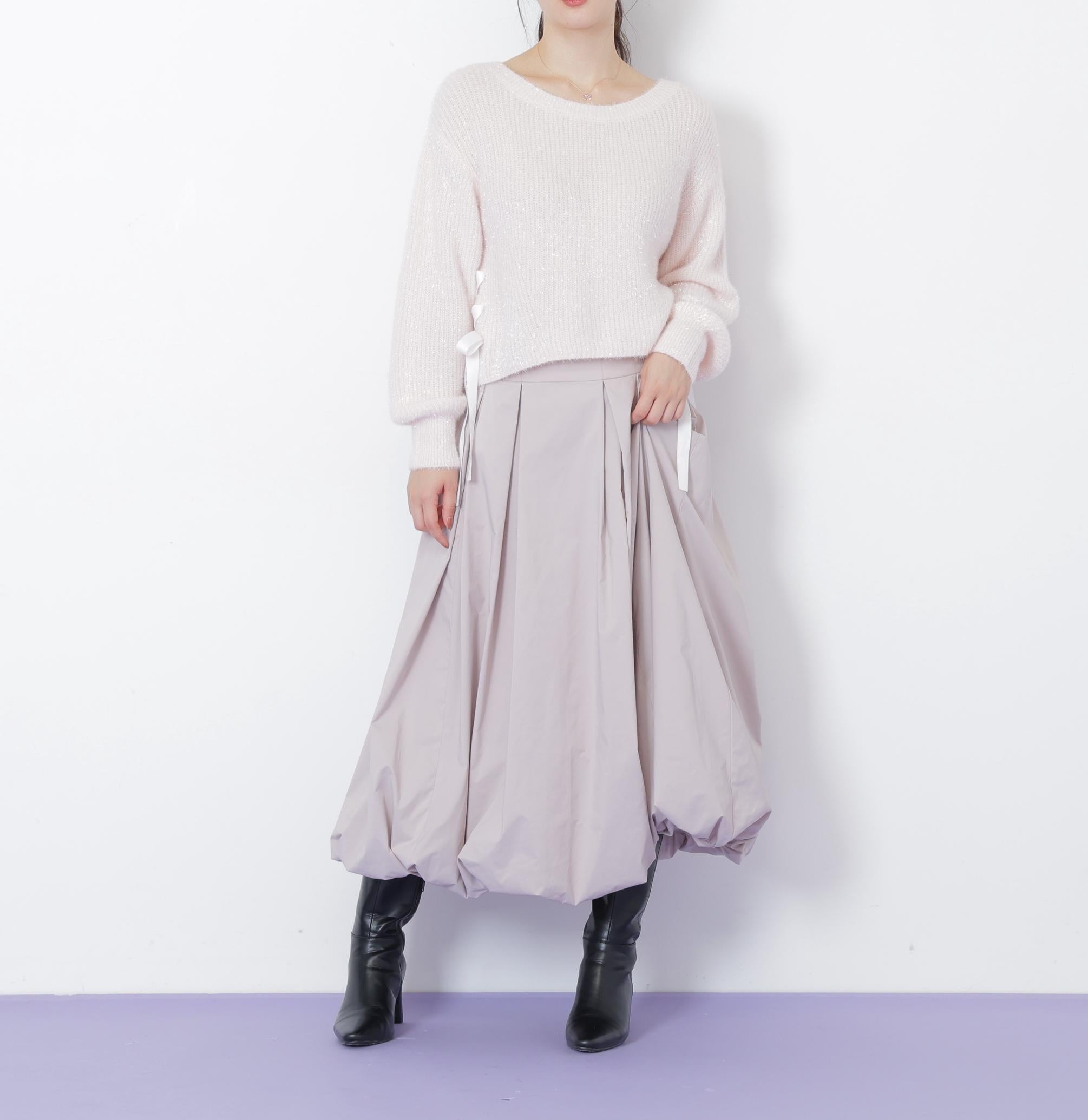 サイドリボンフィルムフェザーニット ピンク