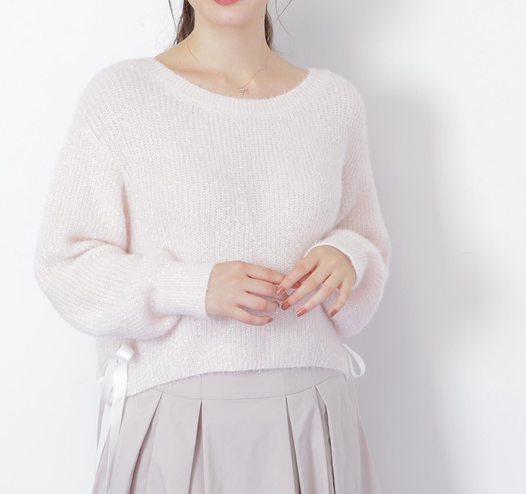 サイドリボンフィルムフェザーニット ピンク