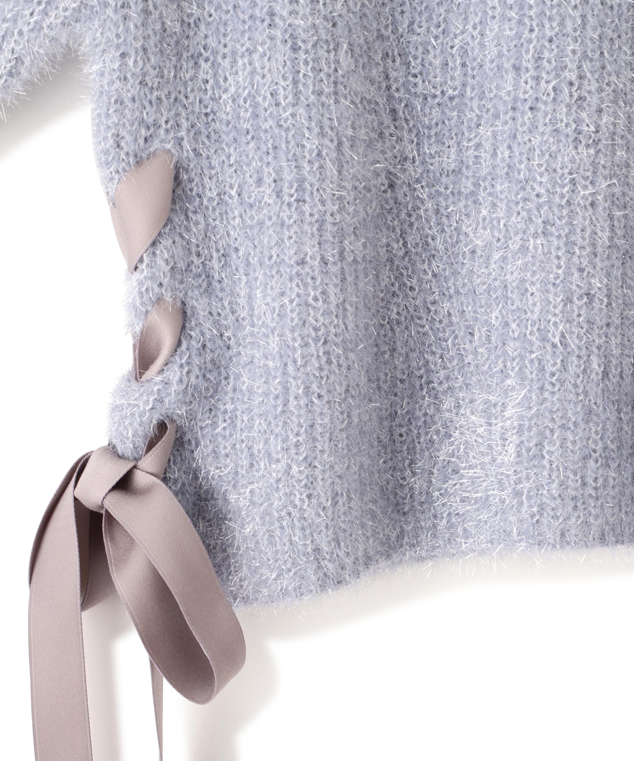 サイドリボンフィルムフェザーニット ブルー