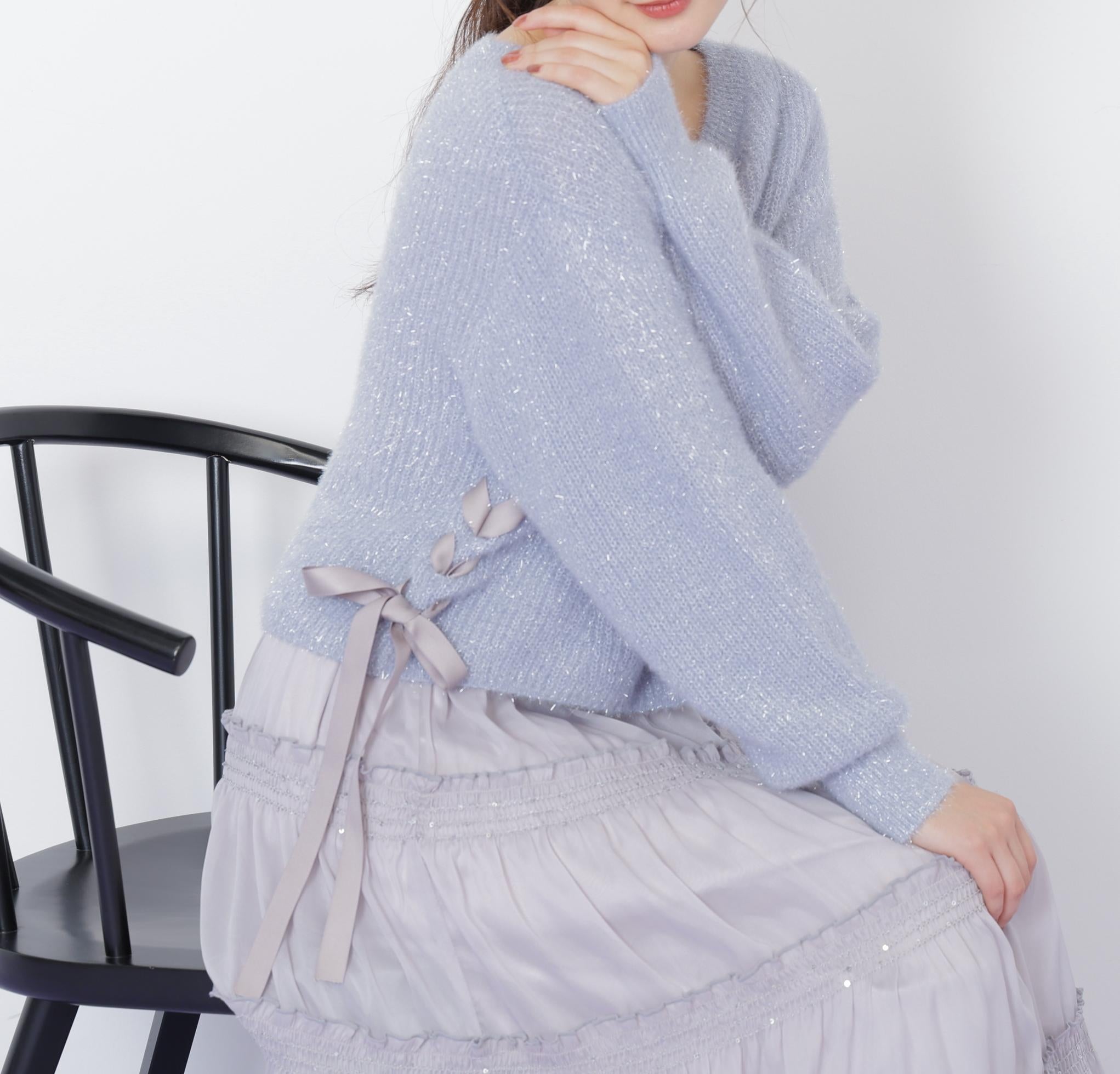 サイドリボンフィルムフェザーニット ブルー