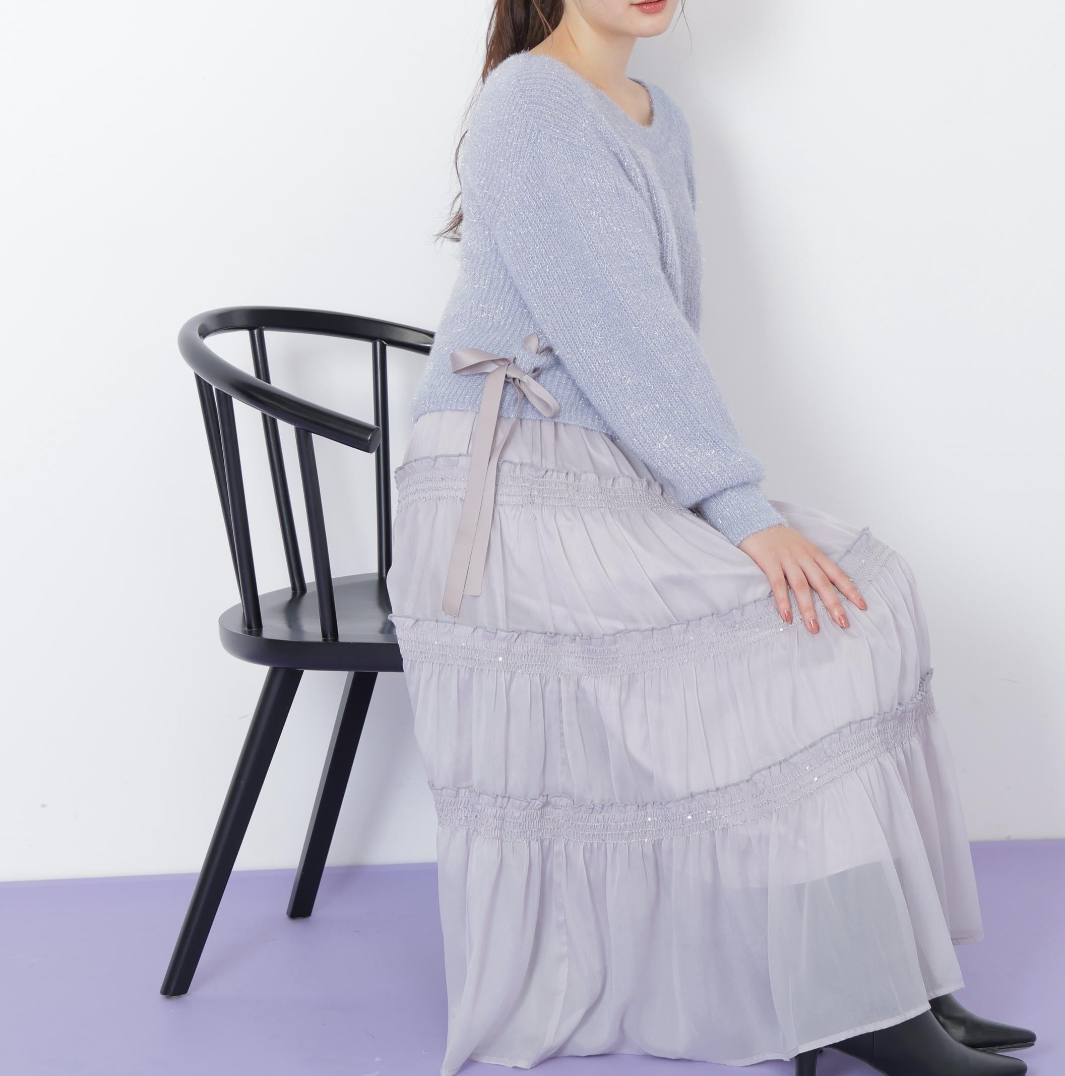 サイドリボンフィルムフェザーニット ブルー