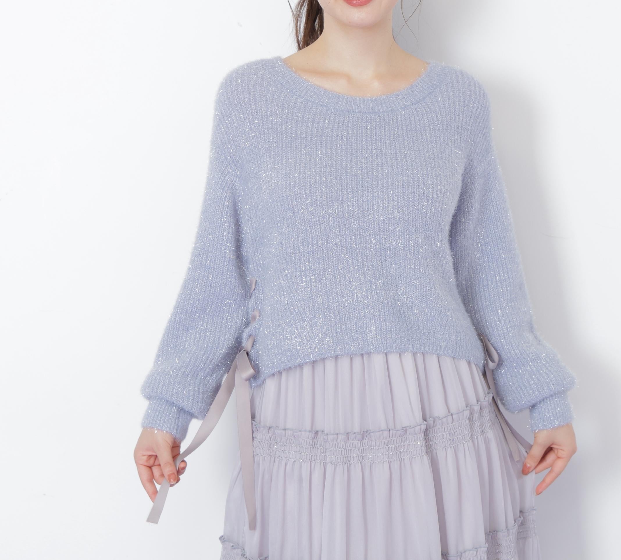 サイドリボンフィルムフェザーニット ブルー