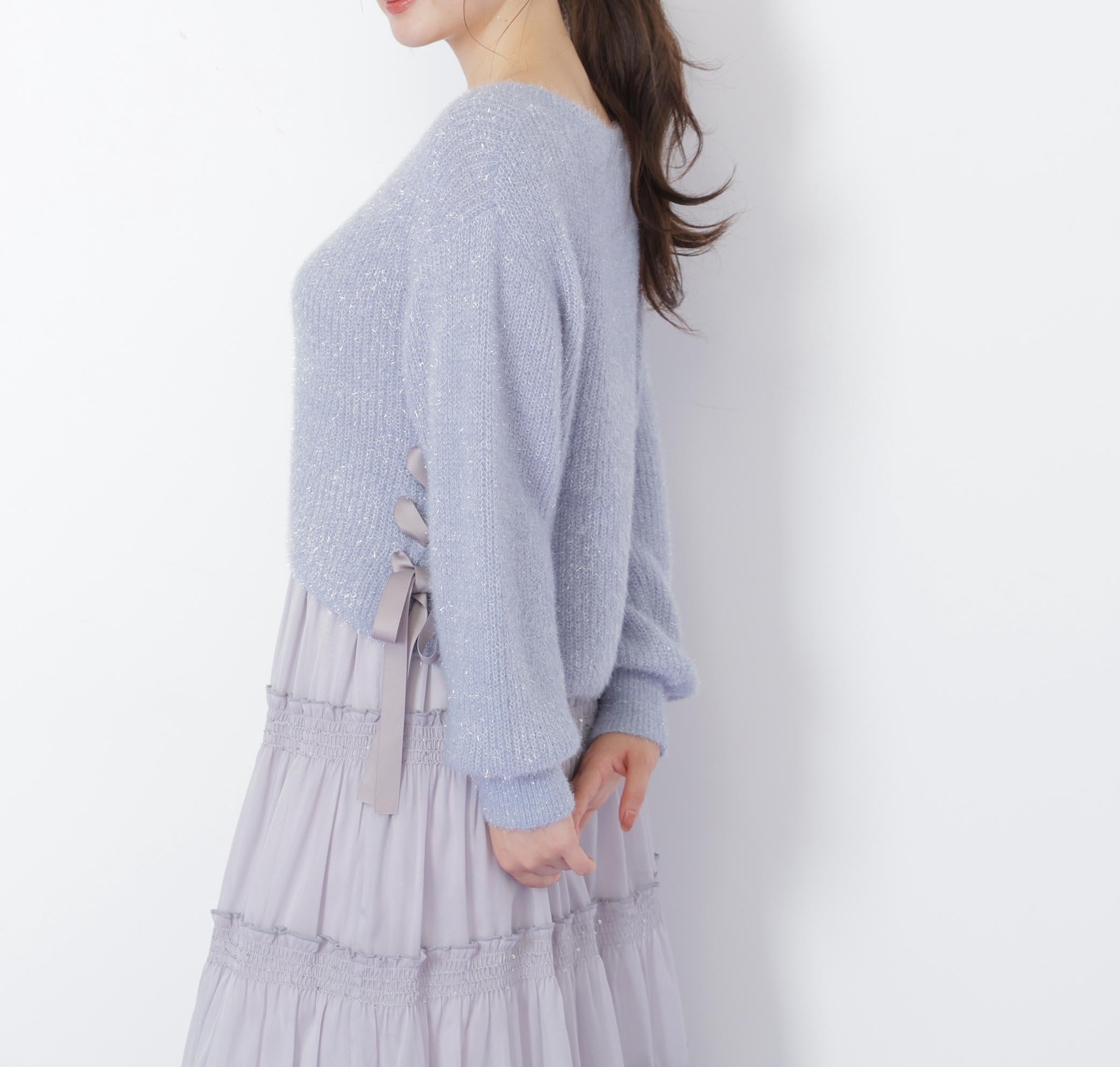 サイドリボンフィルムフェザーニット ブルー