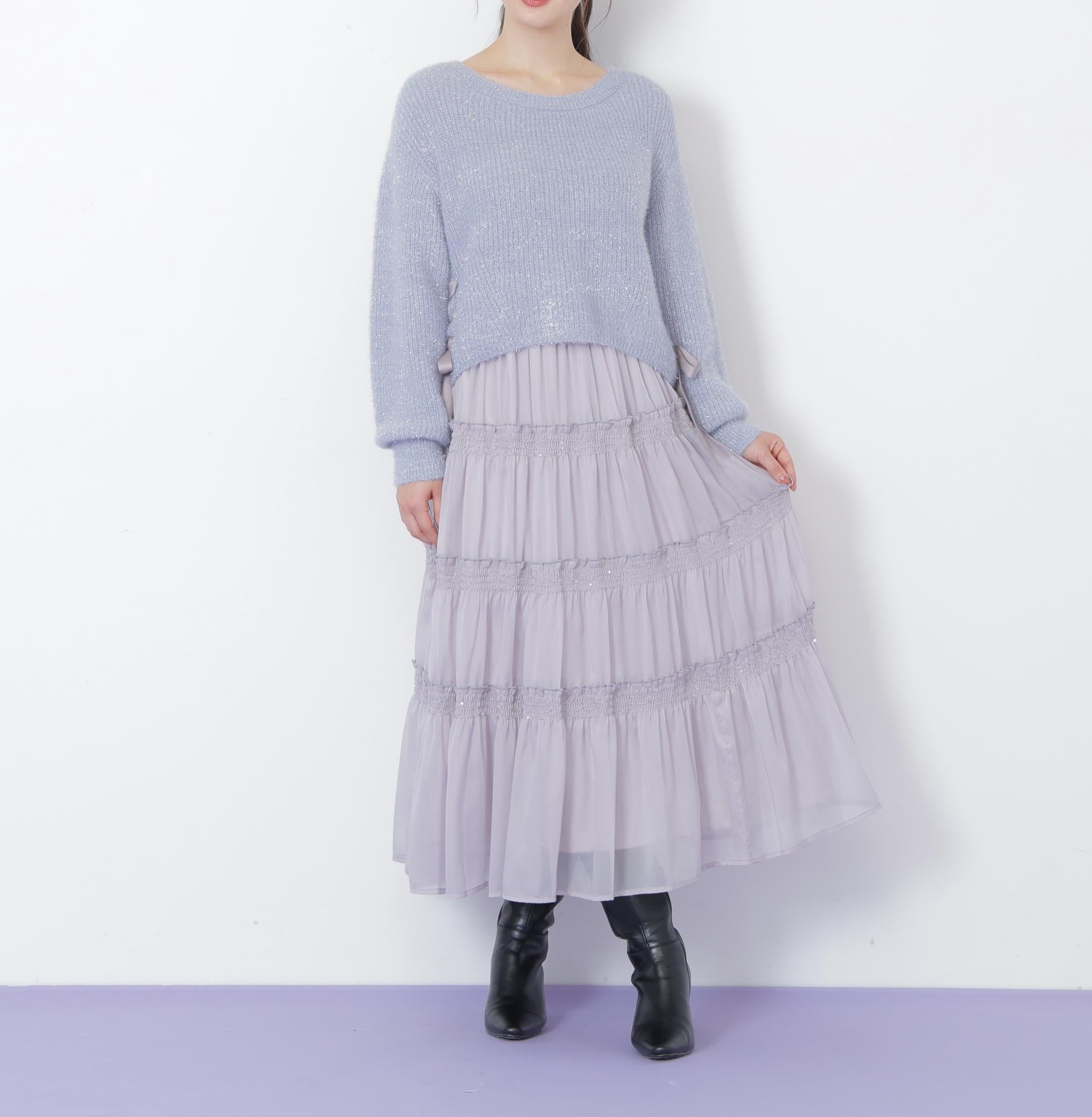 サイドリボンフィルムフェザーニット ブルー