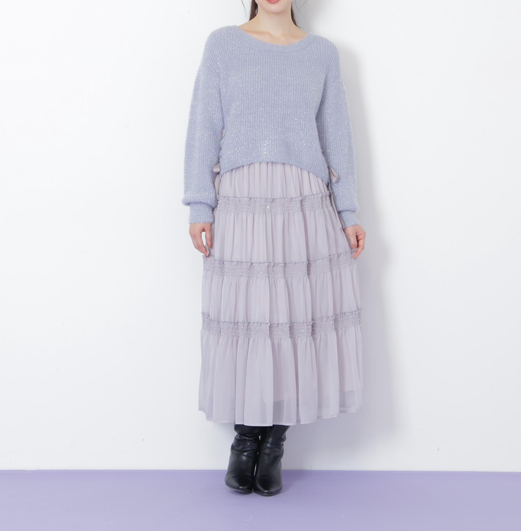 サイドリボンフィルムフェザーニット ブルー