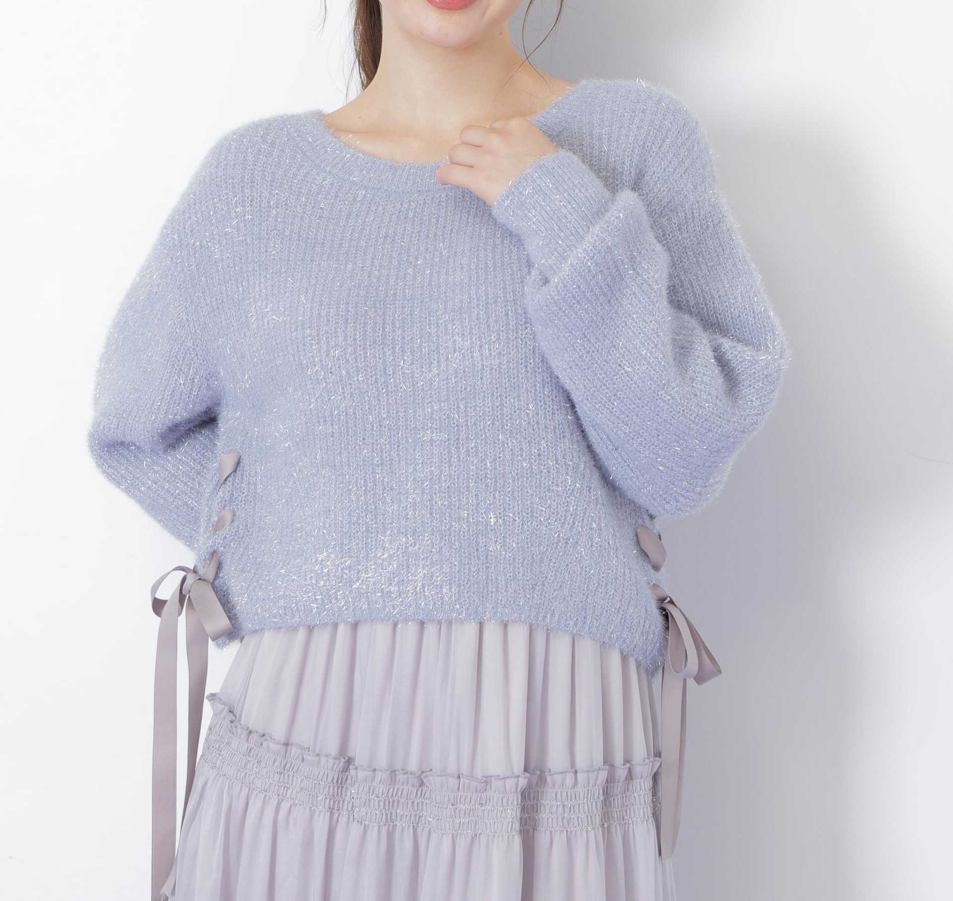 サイドリボンフィルムフェザーニット ブルー