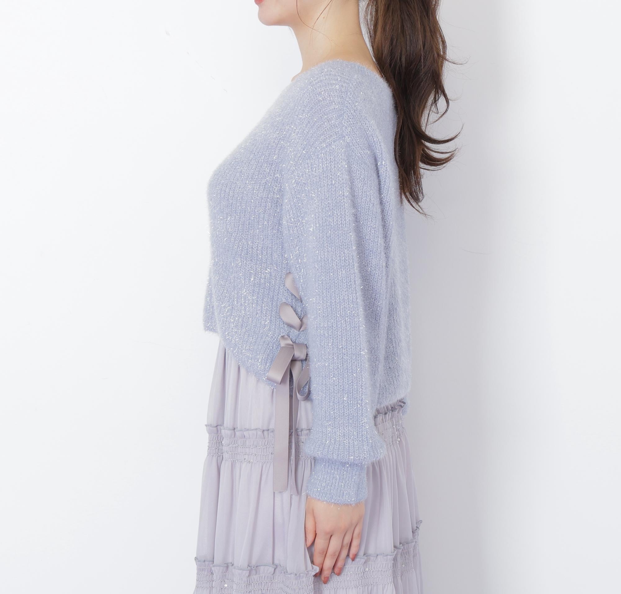 サイドリボンフィルムフェザーニット ブルー